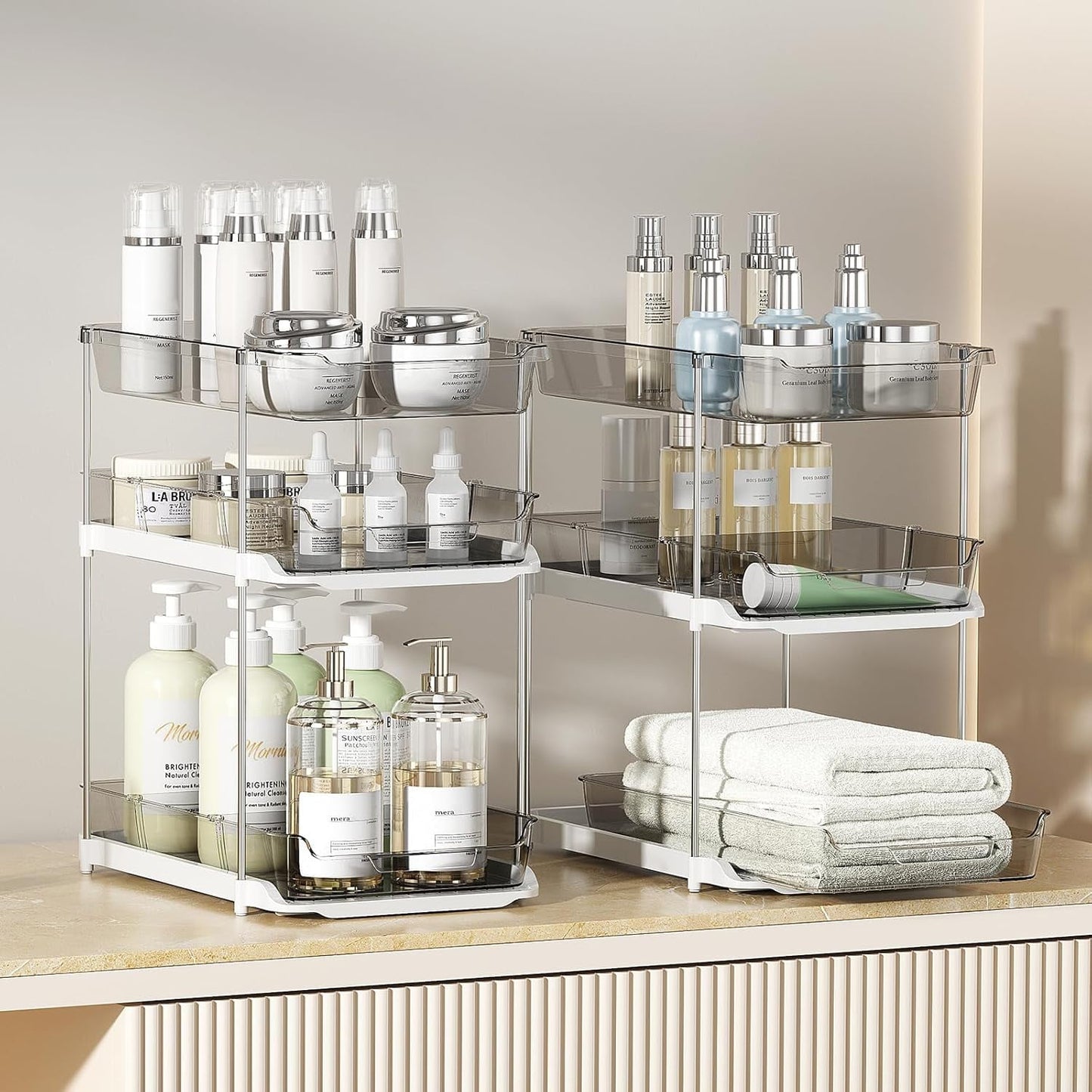 2-Pack 3-Tier Pull-Out Under Sink Organizer, Stackable Sliding Storage Shelves for Bathroom Kitchen Pantry (White)