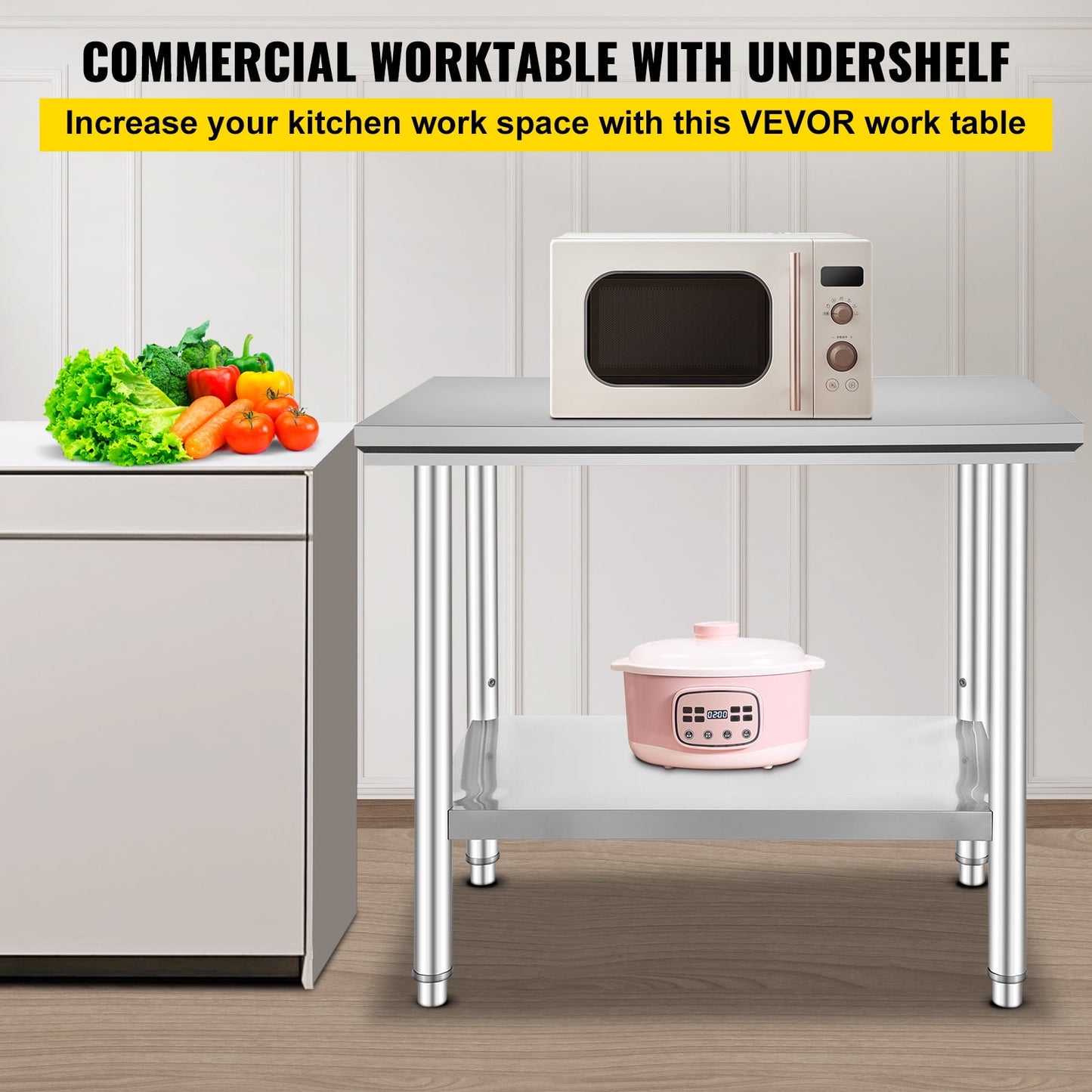35 x 24 x 31 Inch Metal Prep Station, Heavy Duty Commercial Food Prep Work Table up to 700 lbs, Robust Stainless Steel Work Table with 3 Height Adjustment Options for Kitchen, Restaurant