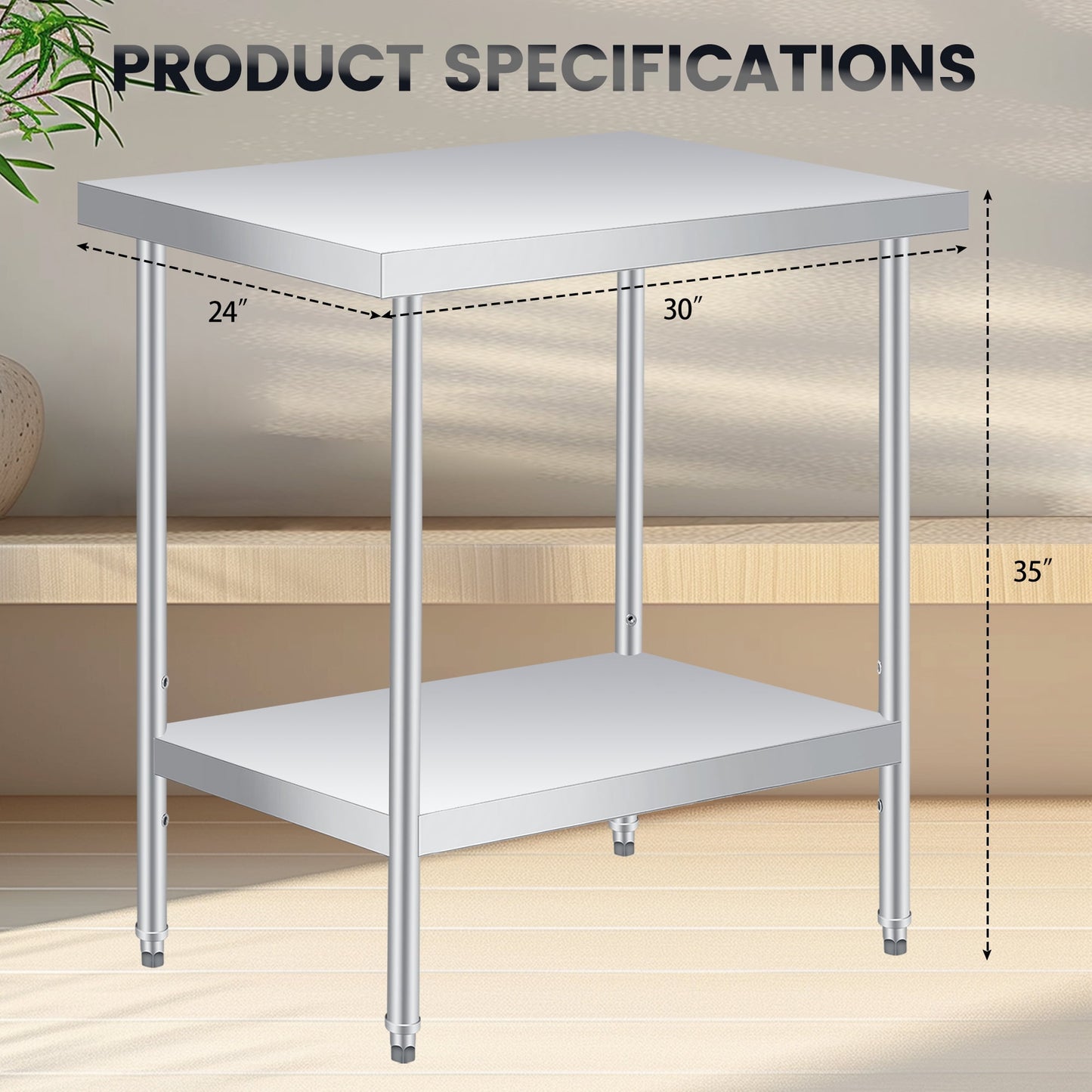 2 Tier Rolling Stainless Steel Table 24x24 Inch Small Prep Table with Adjustable Storage Shelf, 4 Wheels, Glooves &amp; Dishcloth, Rust Resistant &amp; Heavy Duty for Home