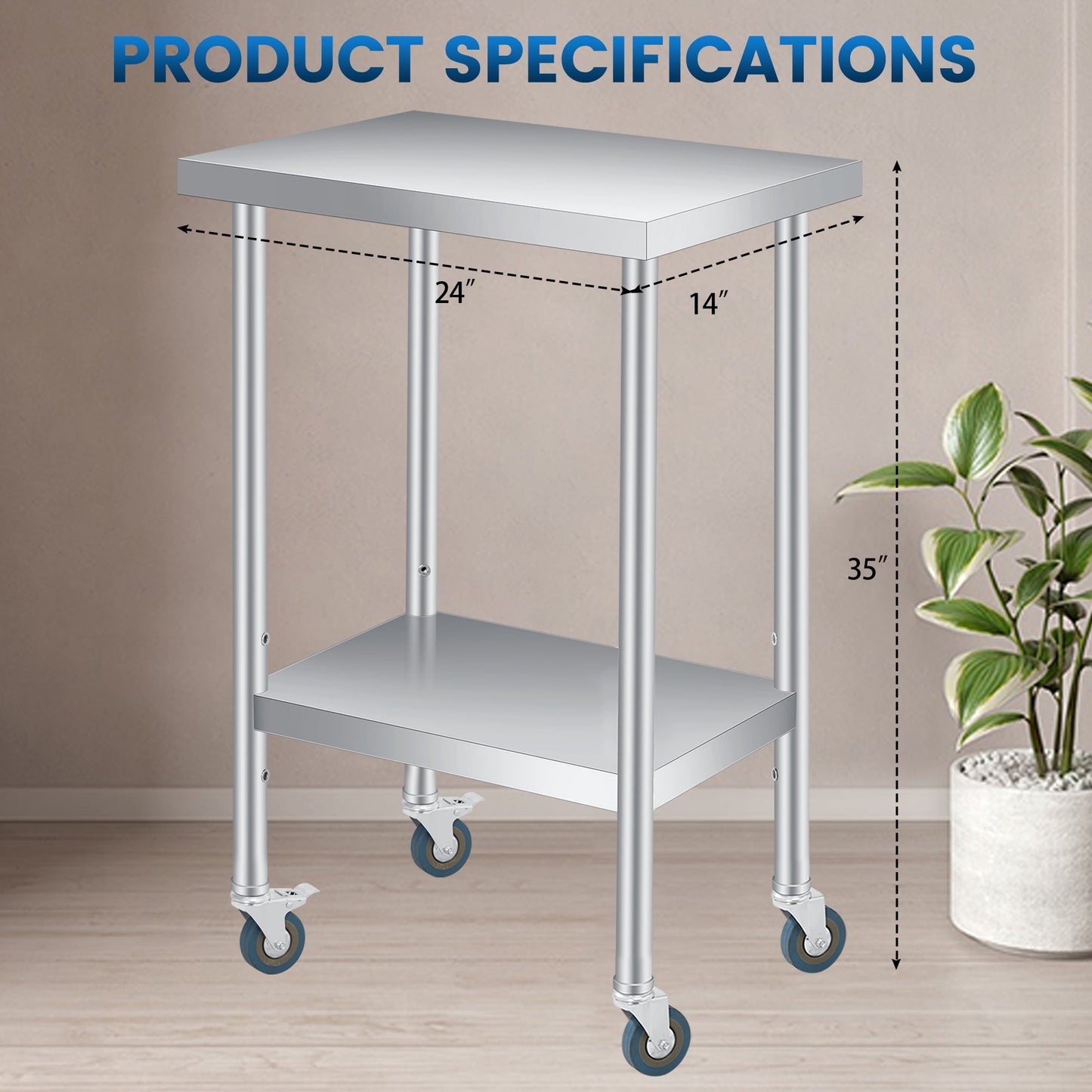 2 Tier Rolling Stainless Steel Table 24x24 Inch Small Prep Table with Adjustable Storage Shelf, 4 Wheels, Glooves &amp; Dishcloth, Rust Resistant &amp; Heavy Duty for Home