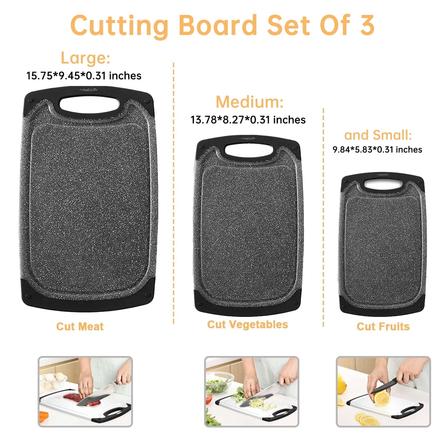 3-Piece Plastic Cutting Board Set, Cutting Boards for Kitchen with Non Slip Handles and Juice Groove, Ideal Chopping for Meat, Vegetables and Fruits, Pink, Blue, Green