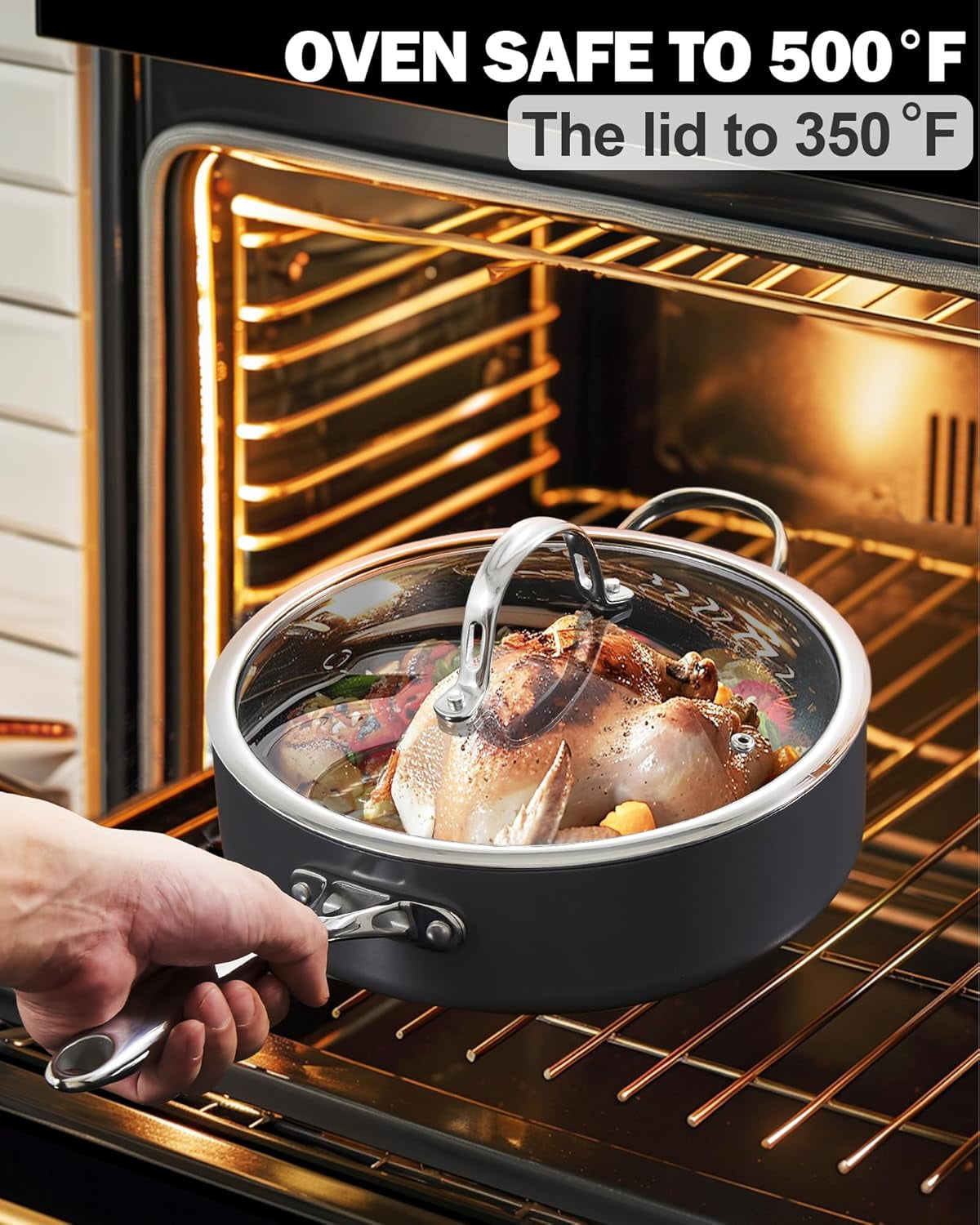 4-QT Nonstick Deep Sauté Pan with Lid, 10.5-inch Deep Frying Pan Hard Anodized Ceramic Nonstick Induction Cookware, Oven Safe Large Skillet Jumbo Cooker Sartén, Helper Handle, Black