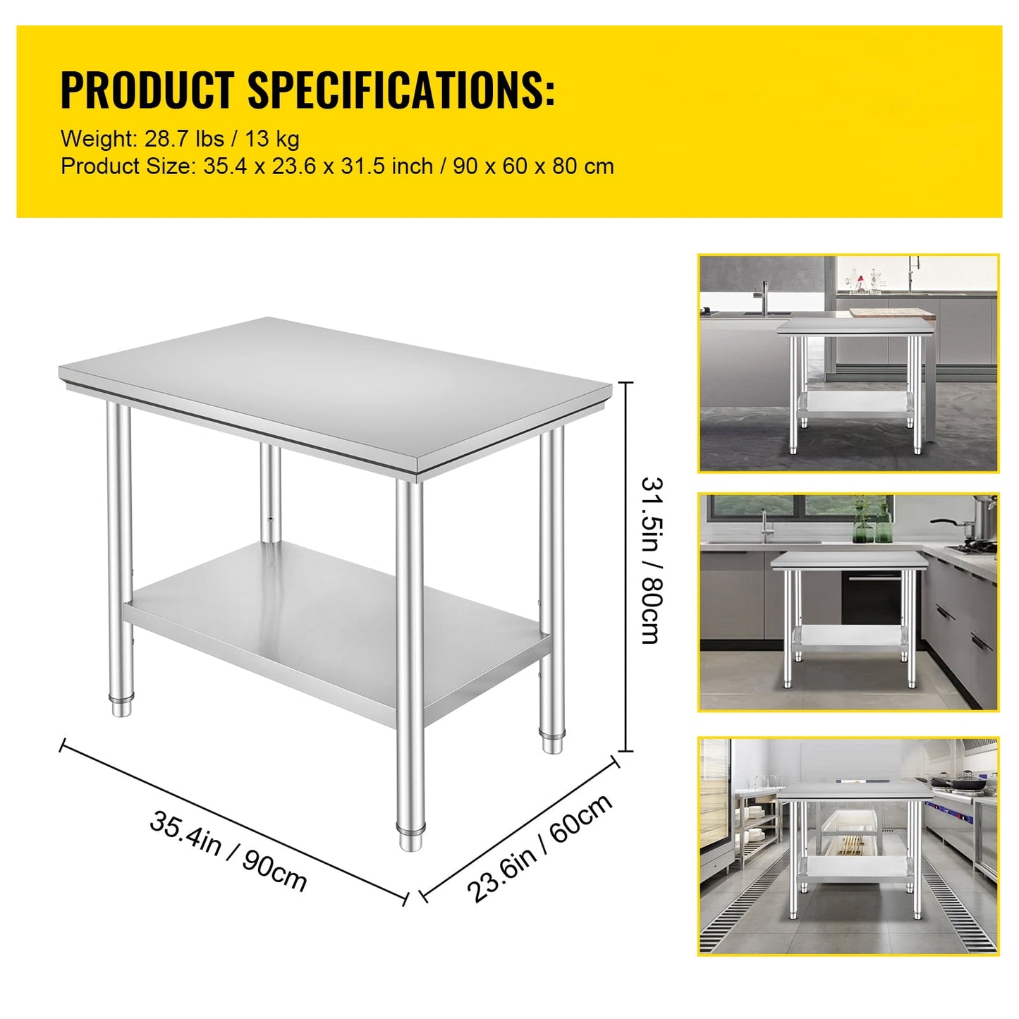 35 x 24 x 31 Inch Metal Prep Station, Heavy Duty Commercial Food Prep Work Table up to 700 lbs, Robust Stainless Steel Work Table with 3 Height Adjustment Options for Kitchen, Restaurant
