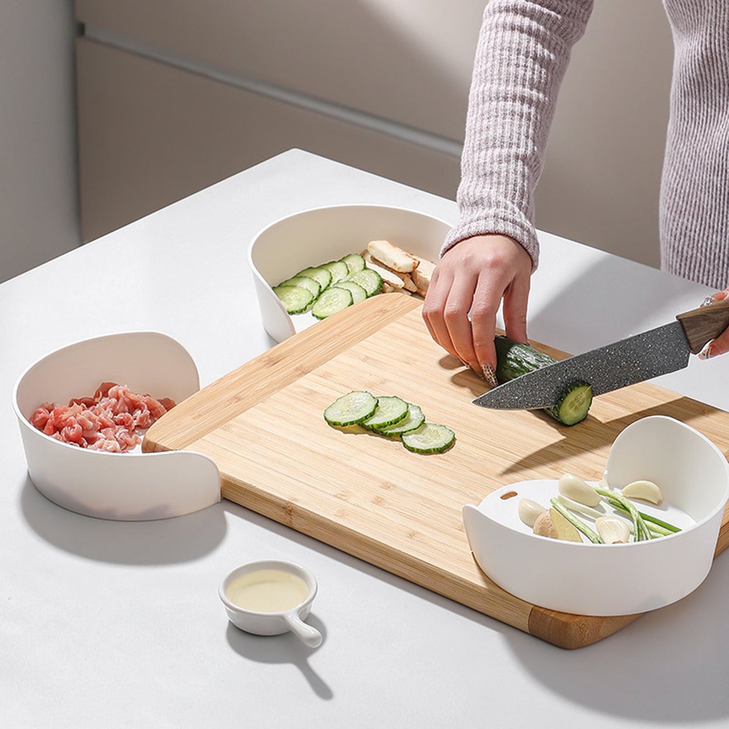 Cutting Board Food Prep Bowls Set - Slide-Under Kitchen Organization Trays with Corner Storage, for Meal Prep, Restaurants &amp; Home Cooking Accessories