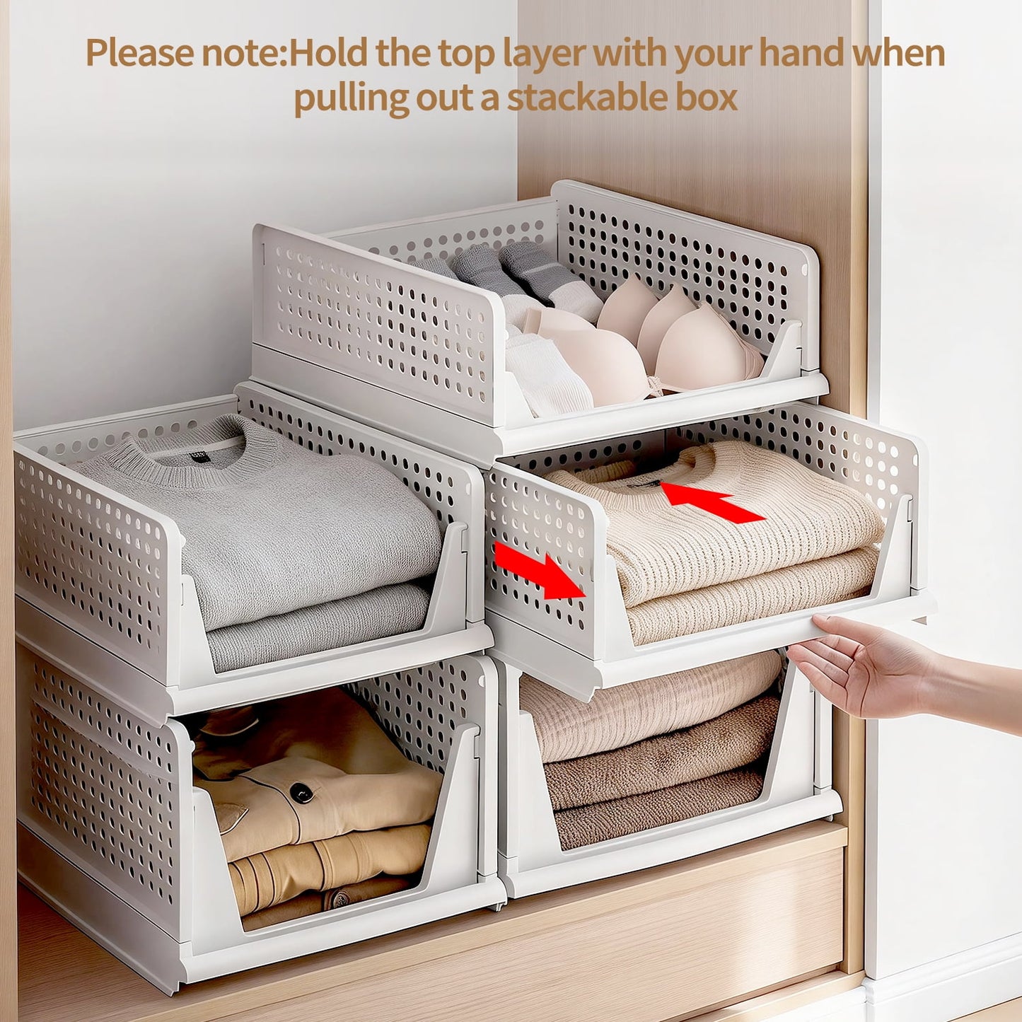 5 Pack Stackable Closet Storage Basket, Multifunctional Closet Organizer for Kitchen Bathroom Laundry Room Wardrobe Storage, Space-Saving Clothes Storage Drawer Organizer, White