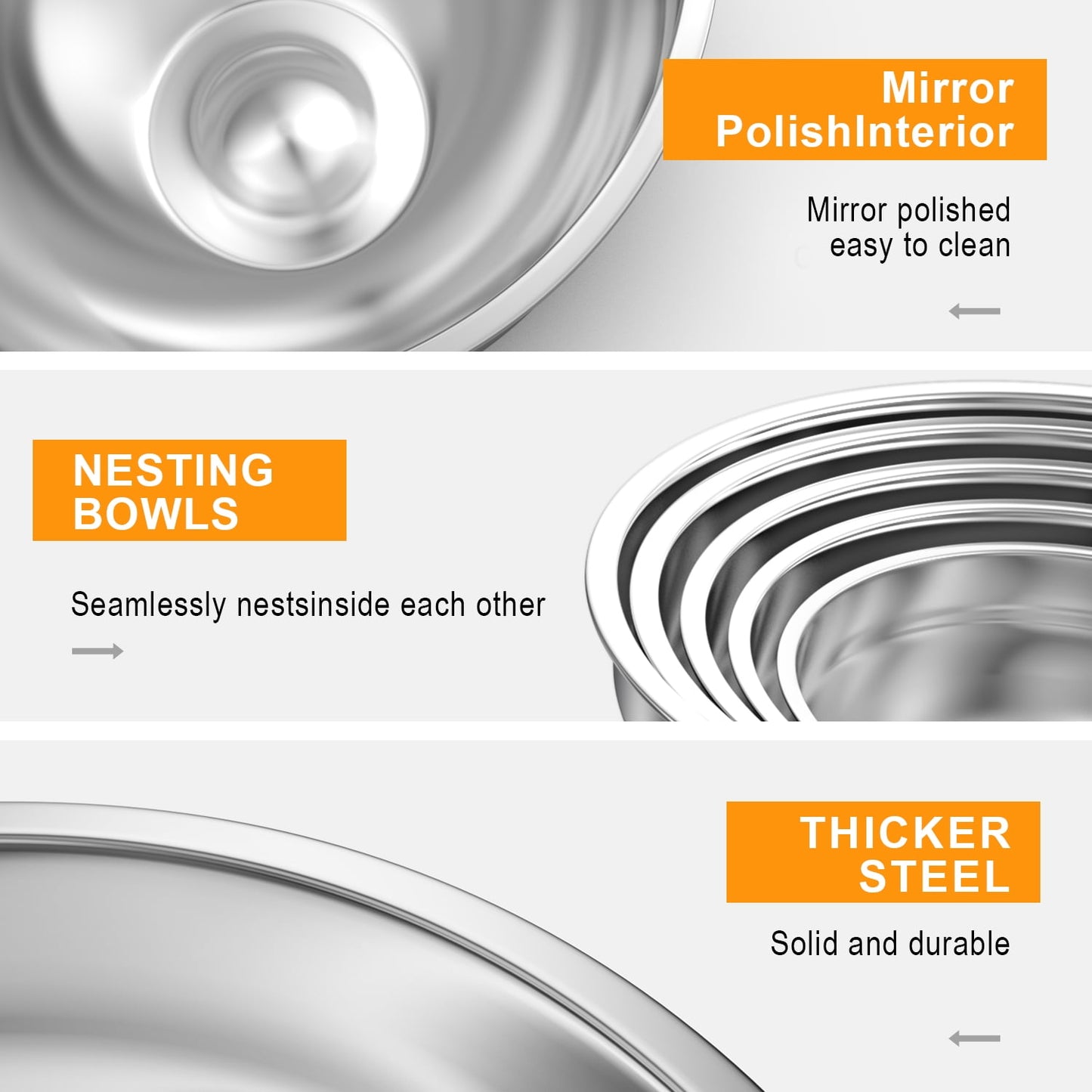 Mixing Bowls Set, 5 PCS Stainless Steel Mixing Bowls, Metal Nesting Storage Bowls for Kitchen, Size 4.5, 3, 2, 1.5, 0.75 QT, Great for Prep, Baking, Serving