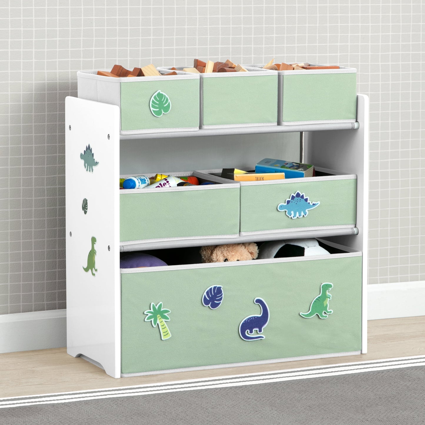 Design &amp; Store 6 Bin Toy Storage Organizer with Interchangeable Patches, Green/Pink