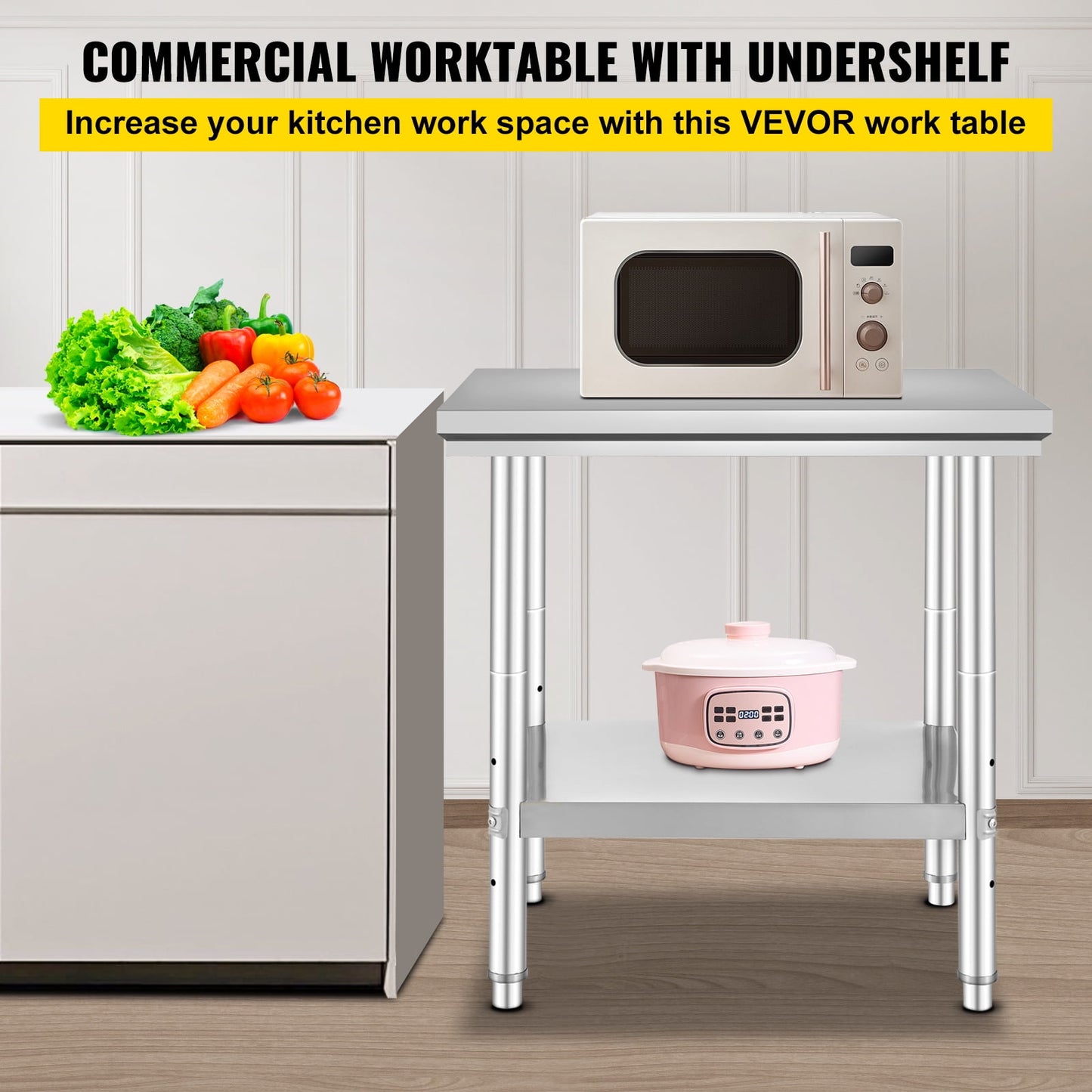 35 x 24 x 31 Inch Metal Prep Station, Heavy Duty Commercial Food Prep Work Table up to 700 lbs, Robust Stainless Steel Work Table with 3 Height Adjustment Options for Kitchen, Restaurant