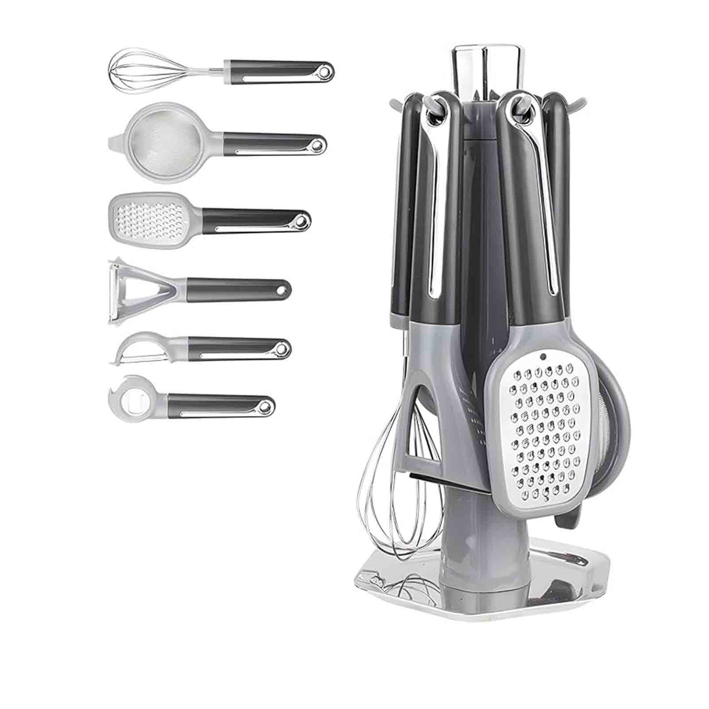 Kitchen Helper Tool Set,Multifunctional Storage Rack,Stainless Steel Grater,Egg Whisk Bottle Opener,Strainer Peeler Set,Wooden Hook Rack,Easy Clean Utensils,7 Piece Cookware Set,Desert Theme Rack