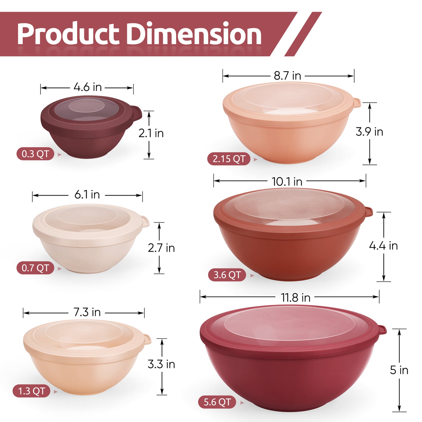 Mixing Bowls with Airtight Lids Set of 6, Plastic Nesting Bowls Prep Bowls for Mixing, Serving, Kitchen Preparing, Storage, Microwave &amp; Freezer Safe