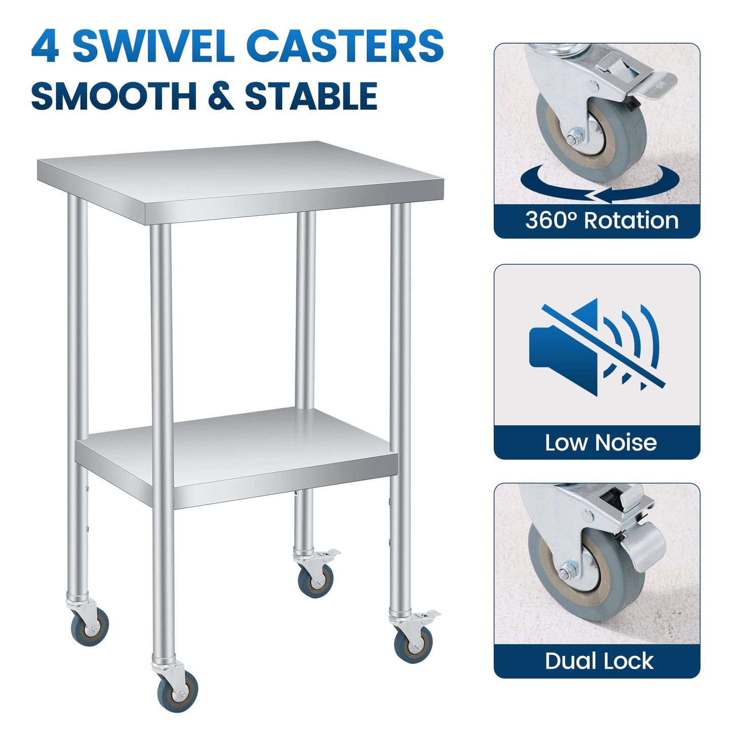2 Tier Rolling Stainless Steel Table 24x24 Inch Small Prep Table with Adjustable Storage Shelf, 4 Wheels, Glooves &amp; Dishcloth, Rust Resistant &amp; Heavy Duty for Home