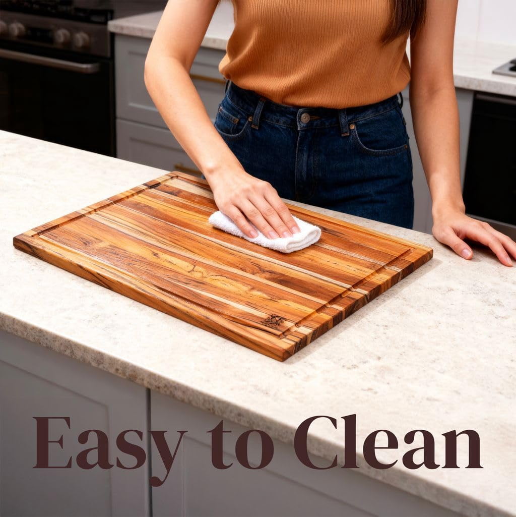18x14 Inch Teak Wood Cutting Board for Kitchen Meat, Fruit, Pizza Prep - Large Thin Edge Grain with Juice Groove, Solid Hardwood, Non-Toxic, BPA &amp; Plastic Free
