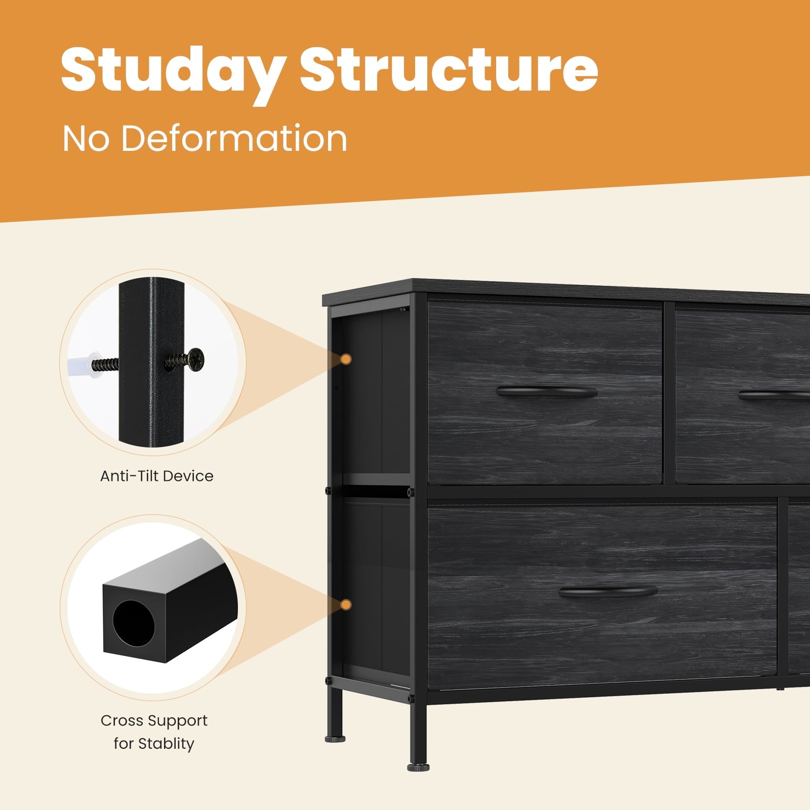 edx 5 Drawers Fabric Dresser for Bedroom, Drawer Organizer Storage Cabinet for Closet, Clothes, TV Stand, Black