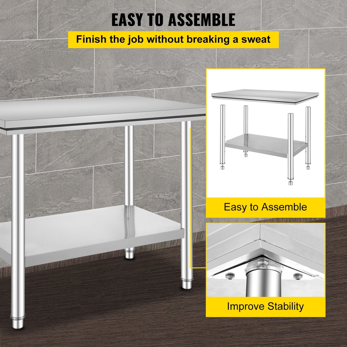 35 x 24 x 31 Inch Metal Prep Station, Heavy Duty Commercial Food Prep Work Table up to 700 lbs, Robust Stainless Steel Work Table with 3 Height Adjustment Options for Kitchen, Restaurant