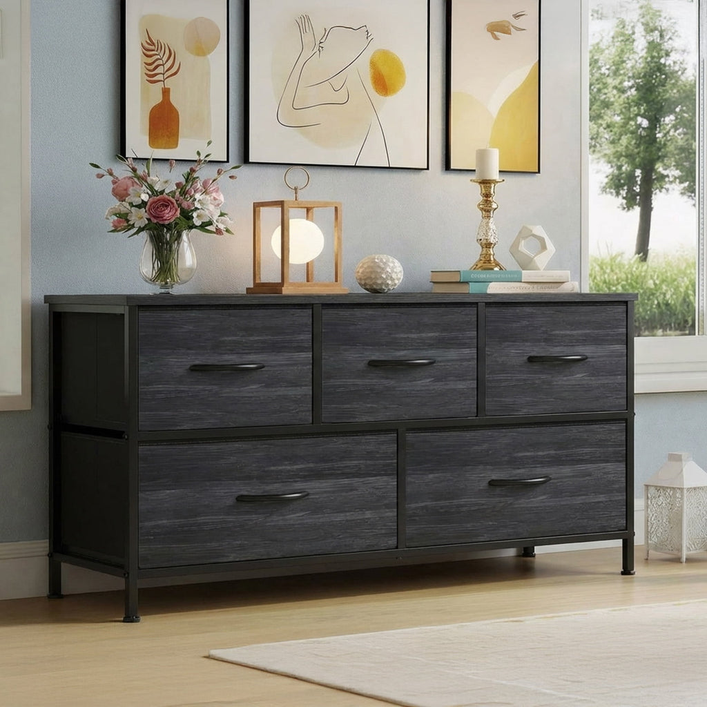 edx 5 Drawers Fabric Dresser for Bedroom, Drawer Organizer Storage Cabinet for Closet, Clothes, TV Stand, Black