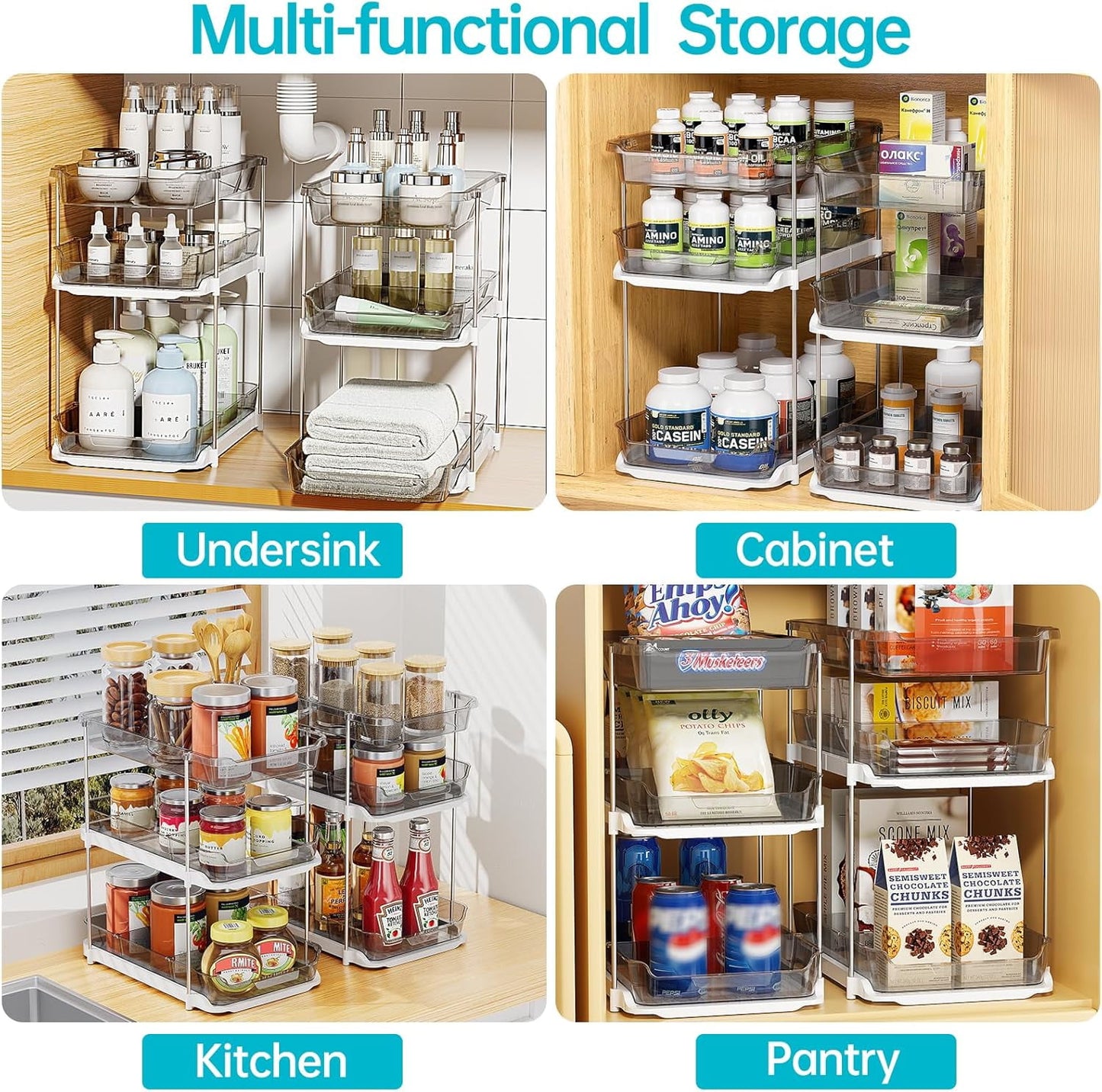 2-Pack 3-Tier Pull-Out Under Sink Organizer, Stackable Sliding Storage Shelves for Bathroom Kitchen Pantry (White)