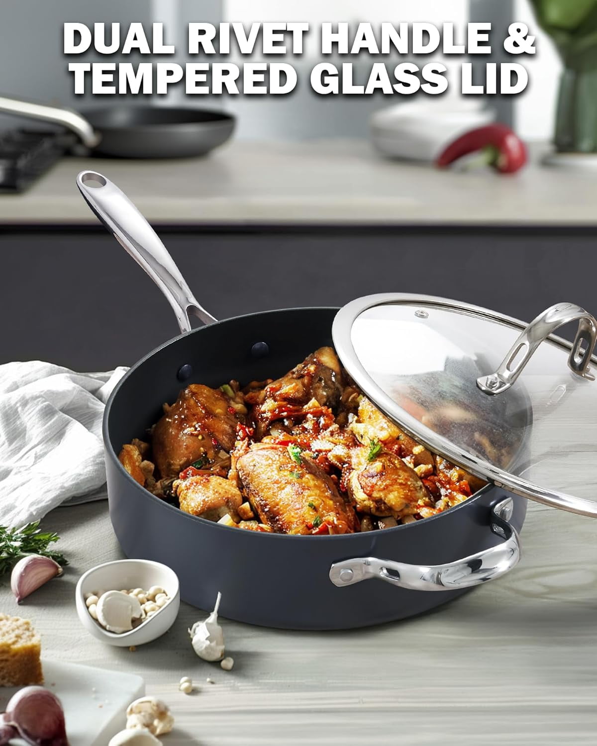 4-QT Nonstick Deep Sauté Pan with Lid, 10.5-inch Deep Frying Pan Hard Anodized Ceramic Nonstick Induction Cookware, Oven Safe Large Skillet Jumbo Cooker Sartén, Helper Handle, Black