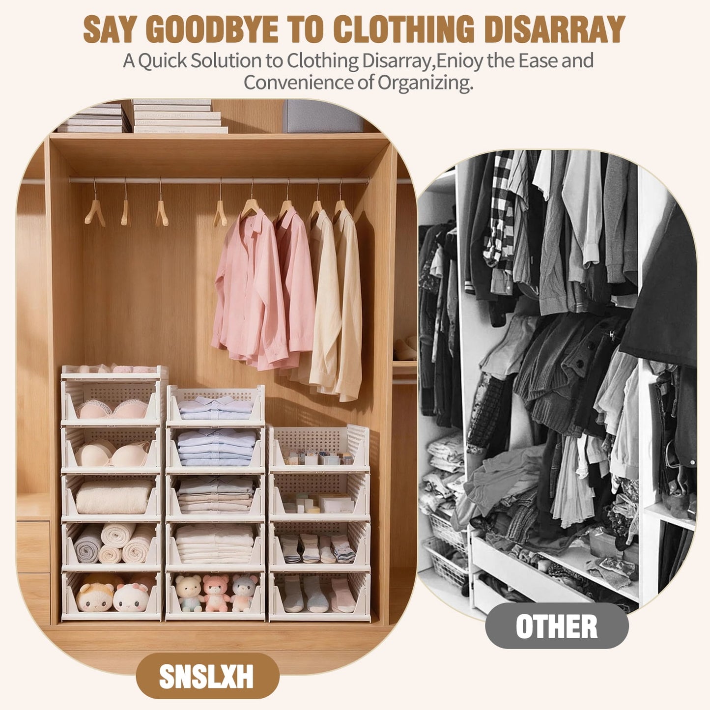 5 Pack Stackable Closet Storage Basket, Multifunctional Closet Organizer for Kitchen Bathroom Laundry Room Wardrobe Storage, Space-Saving Clothes Storage Drawer Organizer, White