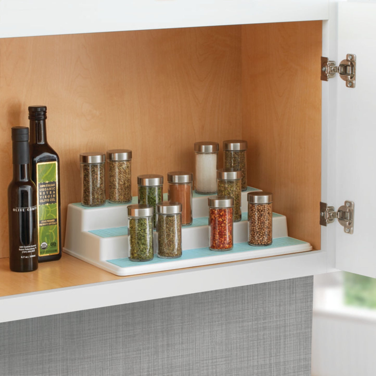 Non-Skid 3-Tier Spice Pantry Kitchen Cabinet Organizer, 15-inch, White/Gray