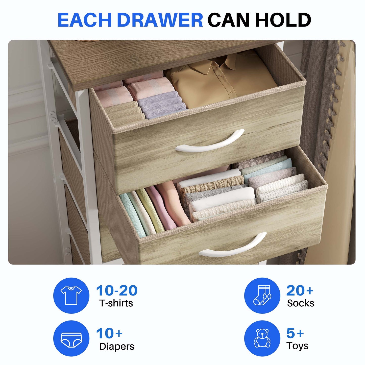 5 Fabric Dresser with 5 Storage Drawers, TV Stand with Wooden Top Metal Frame for Clothes, Living Room, Hallway, Entryway, Rust