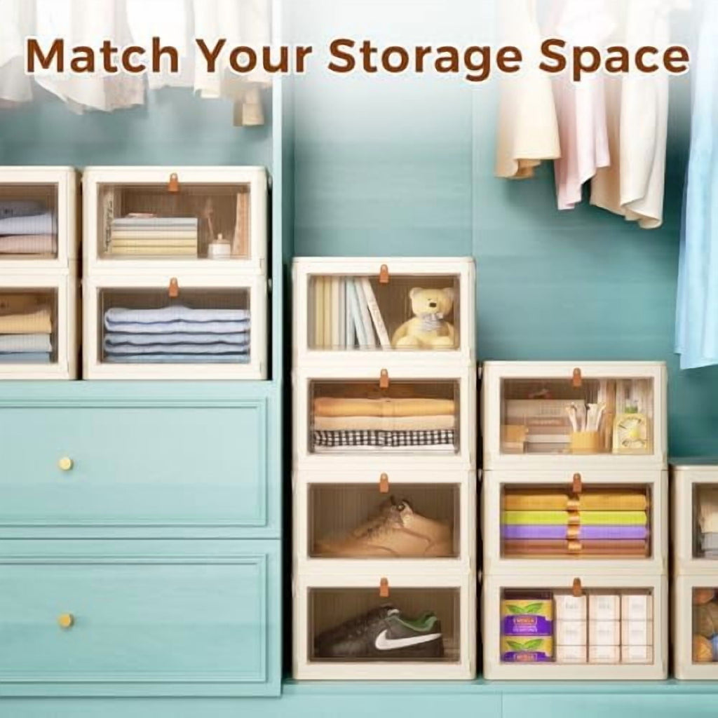 4 Tier Storage Bins with Lids, 23QT Stackable Closet Organizers and Storage with Wheels, Collapsible Storage Boxes, Plastic Storage Containers for Home,Office, Dorm Room-White