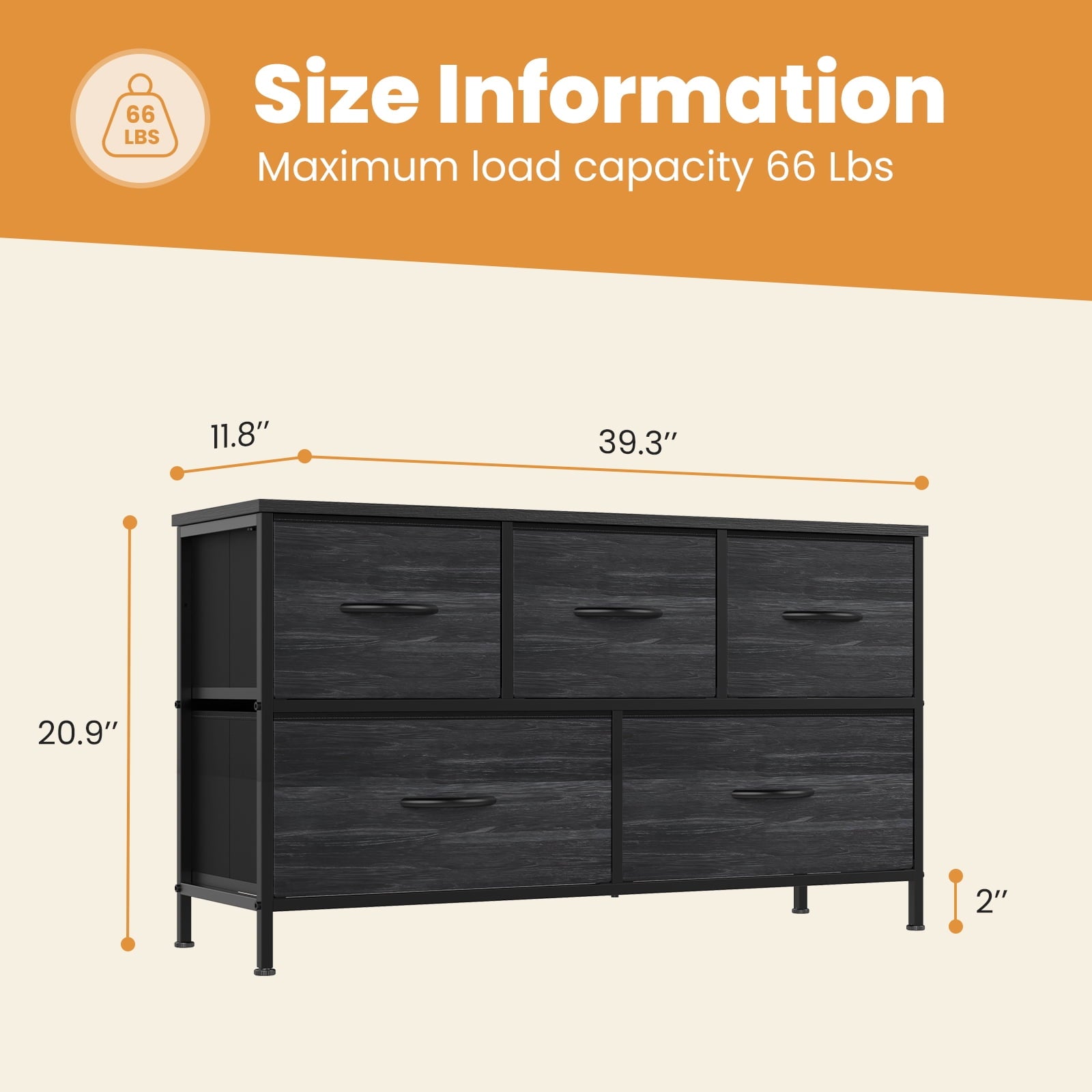 edx 5 Drawers Fabric Dresser for Bedroom, Drawer Organizer Storage Cabinet for Closet, Clothes, TV Stand, Black