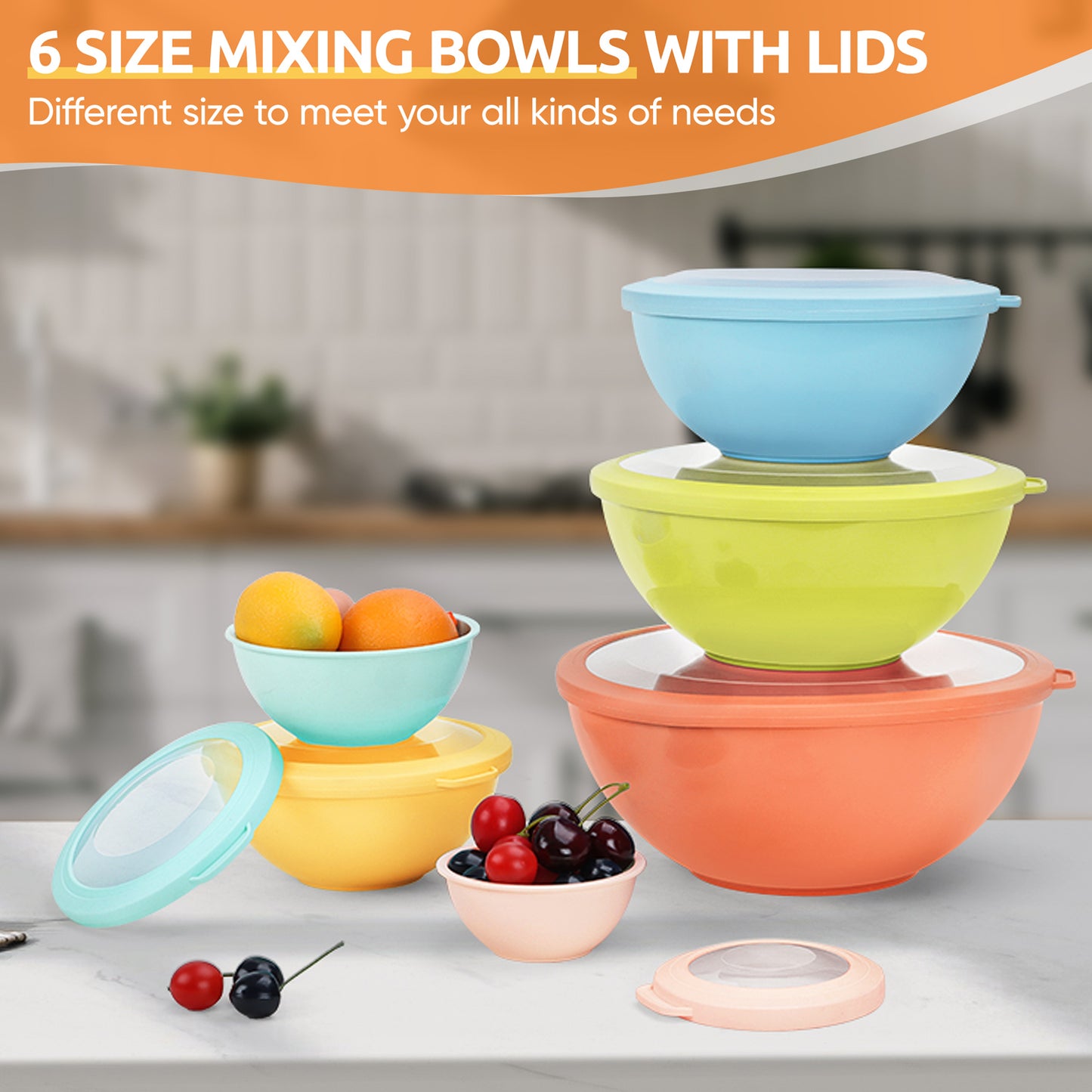 Mixing Bowls with Airtight Lids Set of 6, Plastic Nesting Bowls Prep Bowls for Mixing, Serving, Kitchen Preparing, Storage, Microwave &amp; Freezer Safe