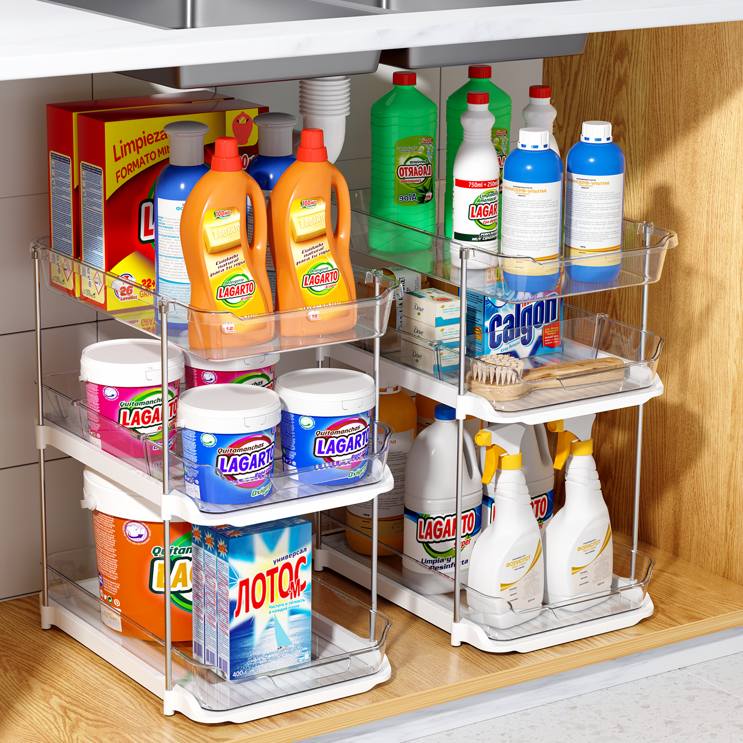 2-Pack 3-Tier Pull-Out Under Sink Organizer, Stackable Sliding Storage Shelves for Bathroom Kitchen Pantry (White)