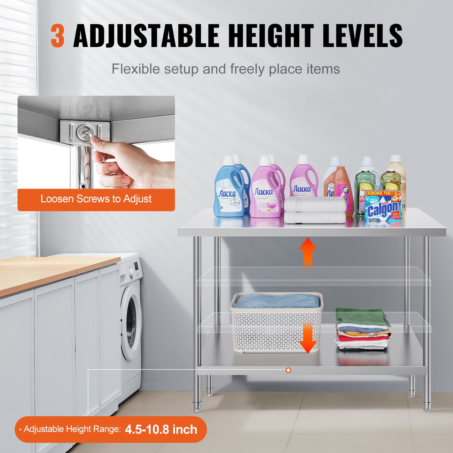 35 x 24 x 31 Inch Metal Prep Station, Heavy Duty Commercial Food Prep Work Table up to 700 lbs, Robust Stainless Steel Work Table with 3 Height Adjustment Options for Kitchen, Restaurant