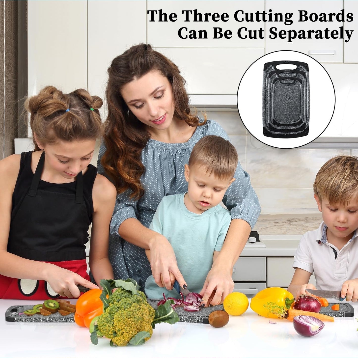 3-Piece Plastic Cutting Board Set, Cutting Boards for Kitchen with Non Slip Handles and Juice Groove, Ideal Chopping for Meat, Vegetables and Fruits, Pink, Blue, Green