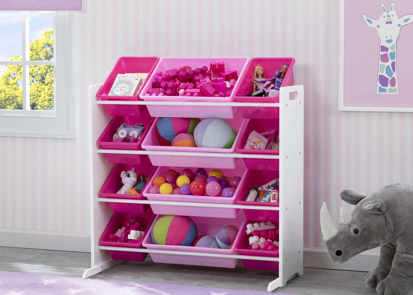 Kids Toy Storage Organizer with 12 Plastic Bins, Gold Certified, White/Pink