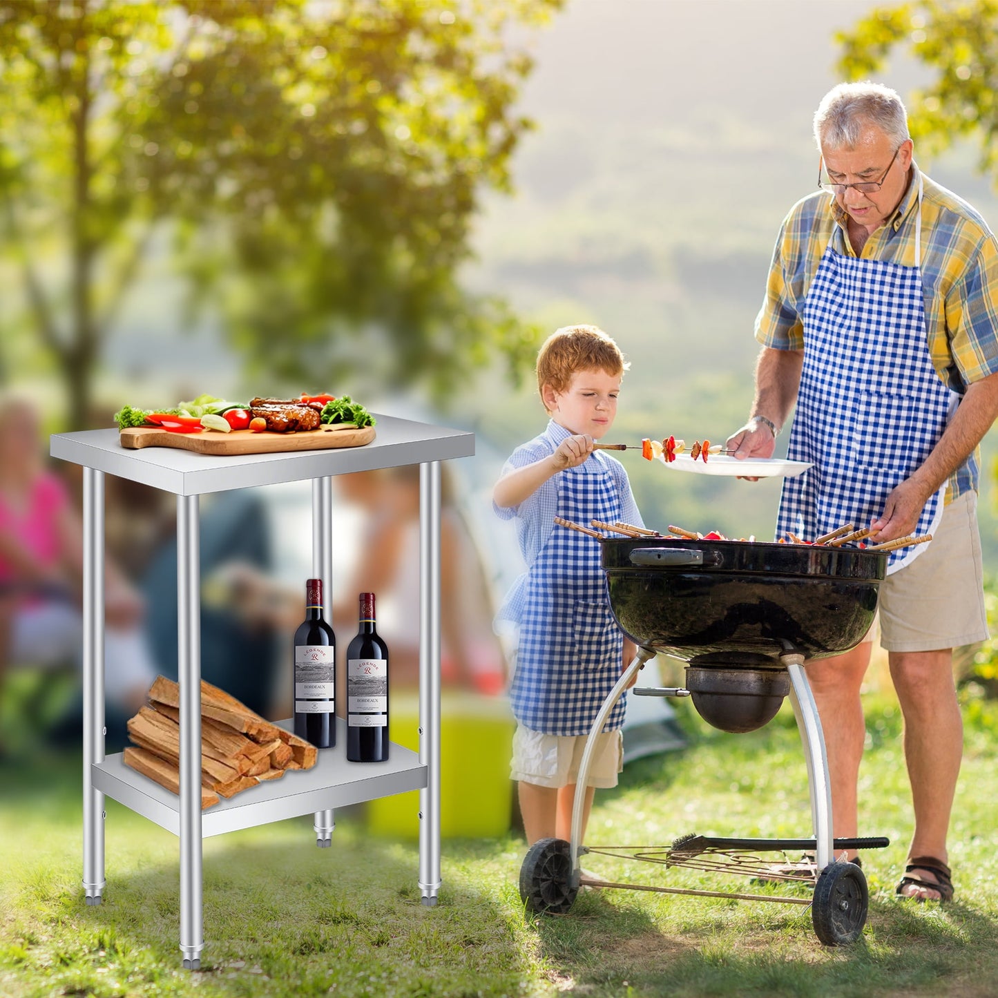 2 Tier Rolling Stainless Steel Table 24x24 Inch Small Prep Table with Adjustable Storage Shelf, 4 Wheels, Glooves &amp; Dishcloth, Rust Resistant &amp; Heavy Duty for Home