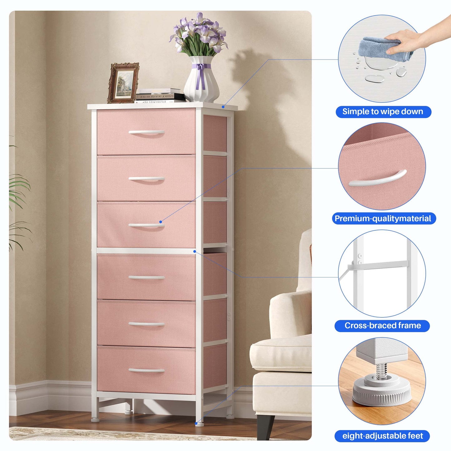 5 Fabric Dresser with 5 Storage Drawers, TV Stand with Wooden Top Metal Frame for Clothes, Living Room, Hallway, Entryway, Rust