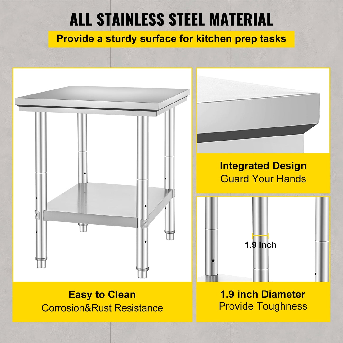 35 x 24 x 31 Inch Metal Prep Station, Heavy Duty Commercial Food Prep Work Table up to 700 lbs, Robust Stainless Steel Work Table with 3 Height Adjustment Options for Kitchen, Restaurant