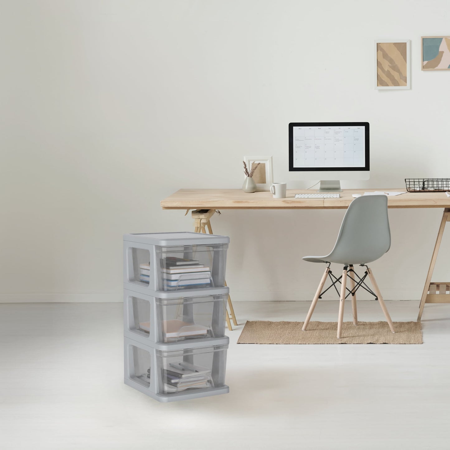 Knock Down Medium Storage Cart with Drawers, Silver Plastic