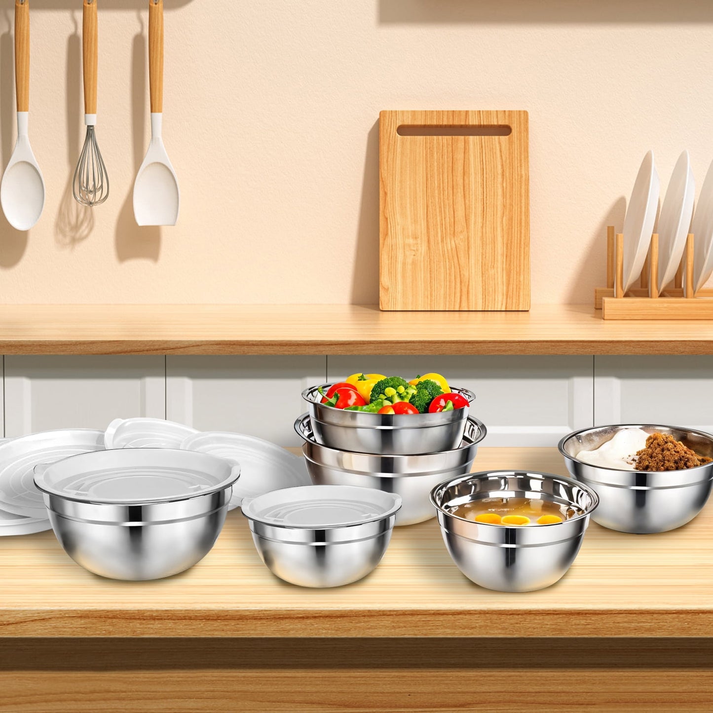 6 Pack Stainless Steel Mixing Bowls Set,Kitchen Metal Meal Prep Bowls with Lids for Baking,Cooking,Serving