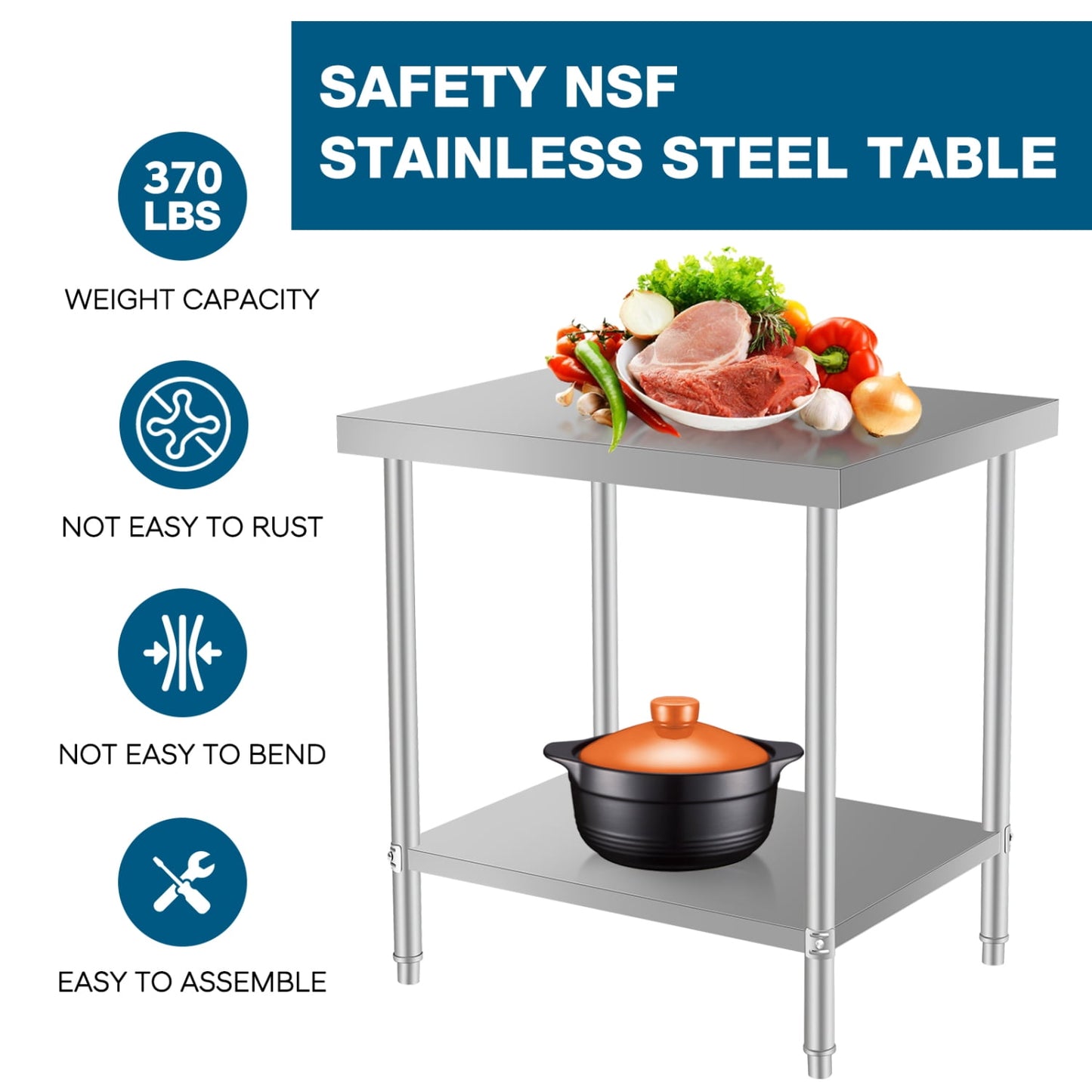 24"x24" Commercial Grade Stainless Steel Kitchen Prep Table – Work Surface for Restaurant &amp; Home Use, Space-Saving Design for Efficient Food Prep, Easy-Cleaning Surface for Hygiene &amp; Long.