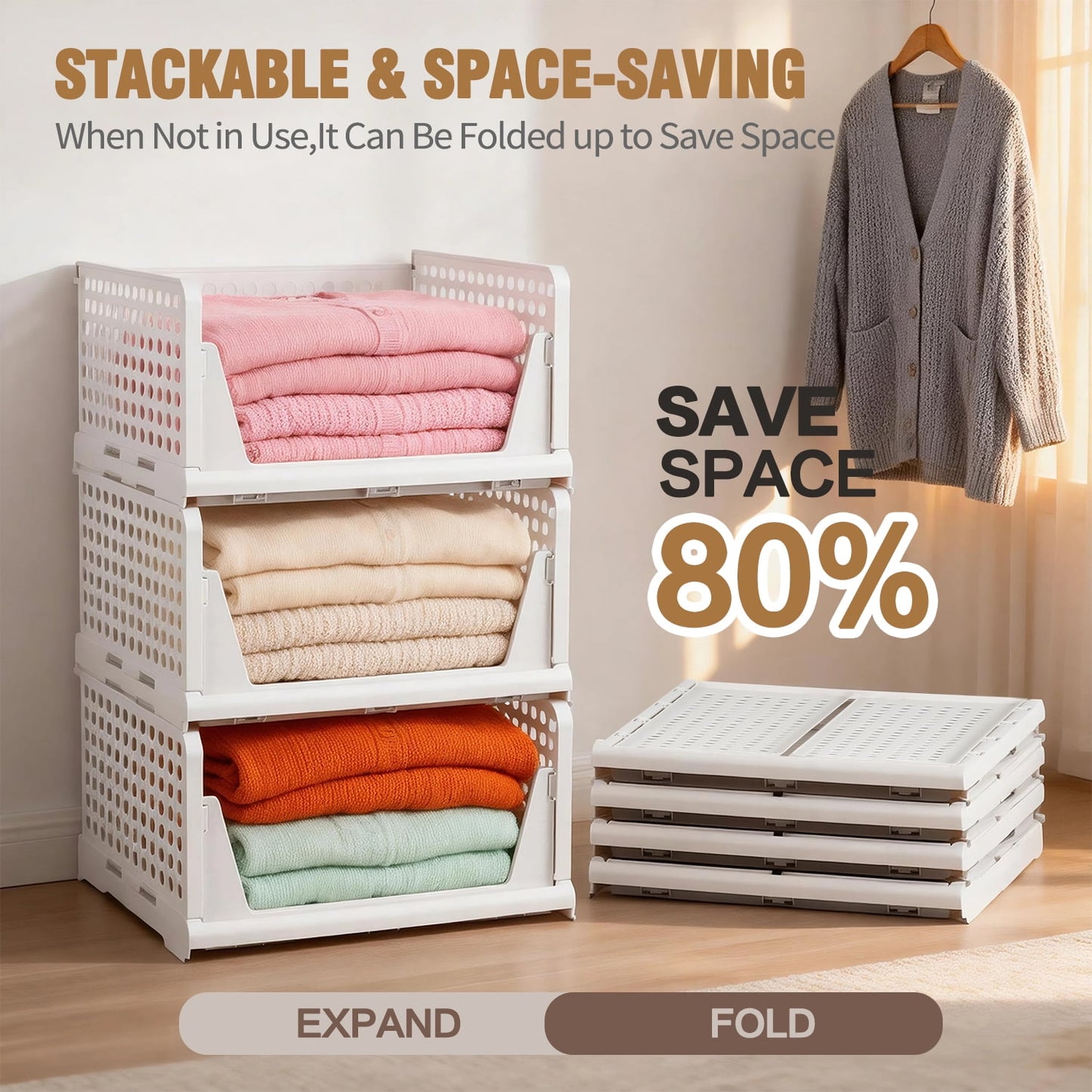 5 Pack Stackable Closet Storage Basket, Multifunctional Closet Organizer for Kitchen Bathroom Laundry Room Wardrobe Storage, Space-Saving Clothes Storage Drawer Organizer, White