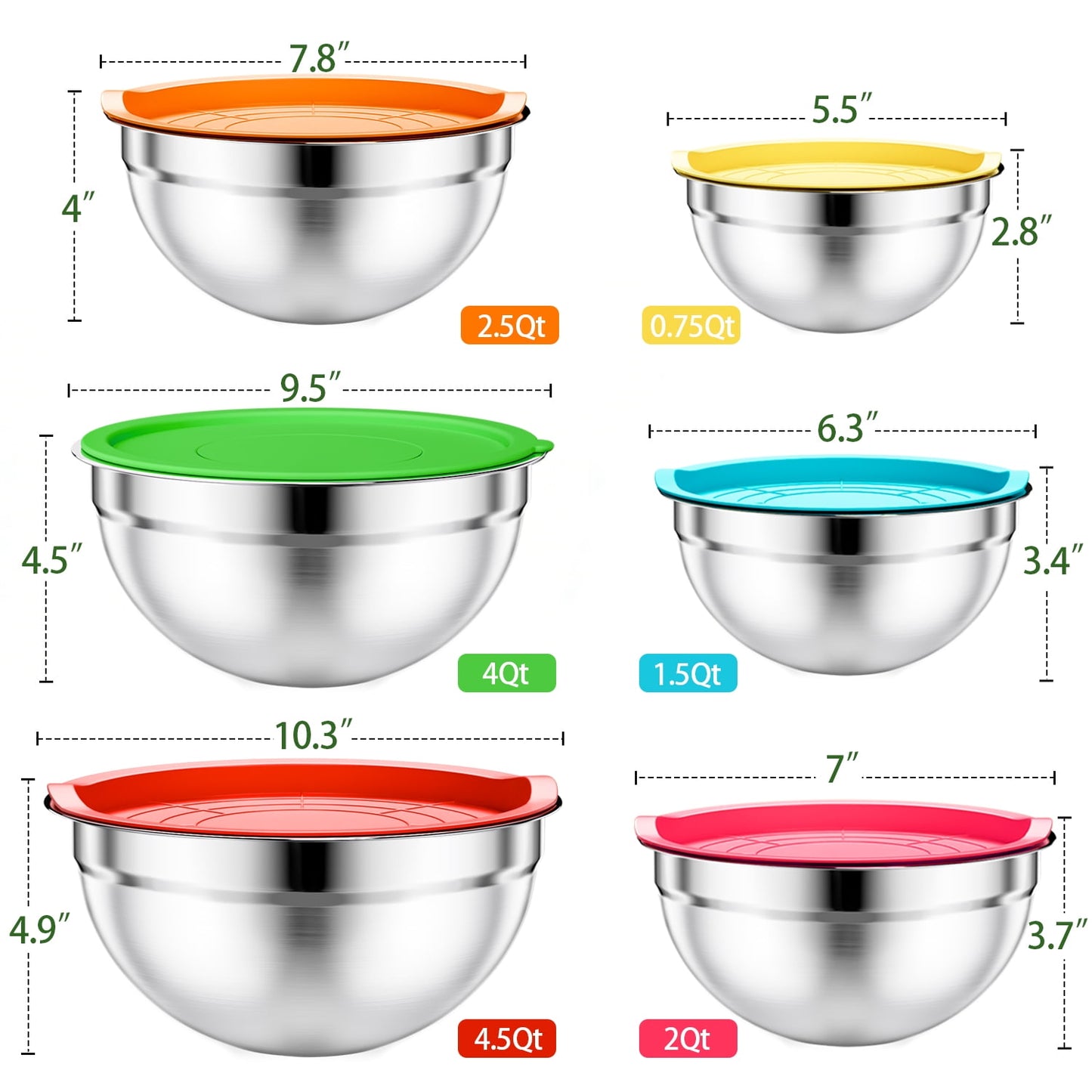 Mixing Bowls Set, 5 PCS Stainless Steel Mixing Bowls, Metal Nesting Storage Bowls for Kitchen, Size 4.5, 3, 2, 1.5, 0.75 QT, Great for Prep, Baking, Serving