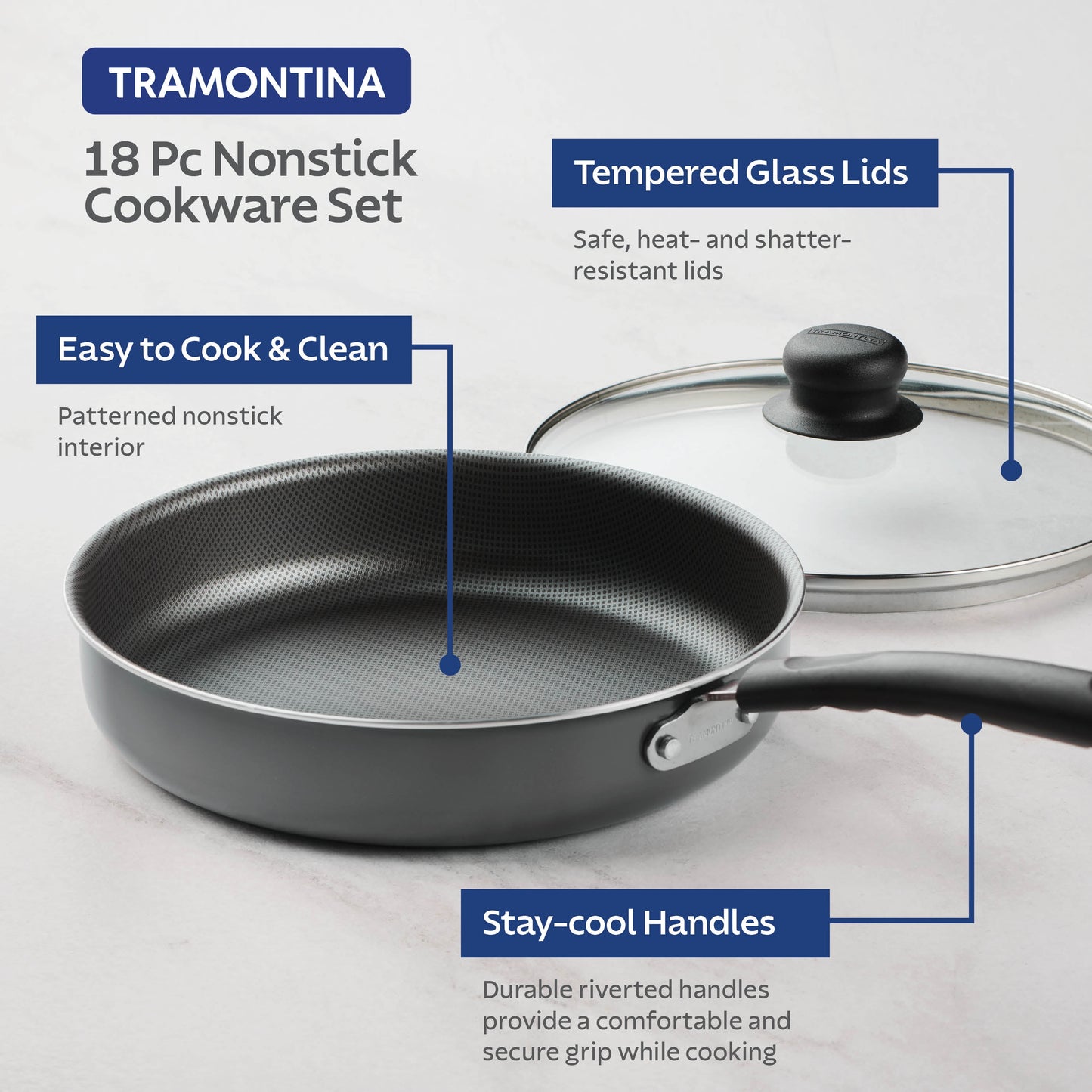 18 Piece Non-stick Cookware Set, Steel Gray