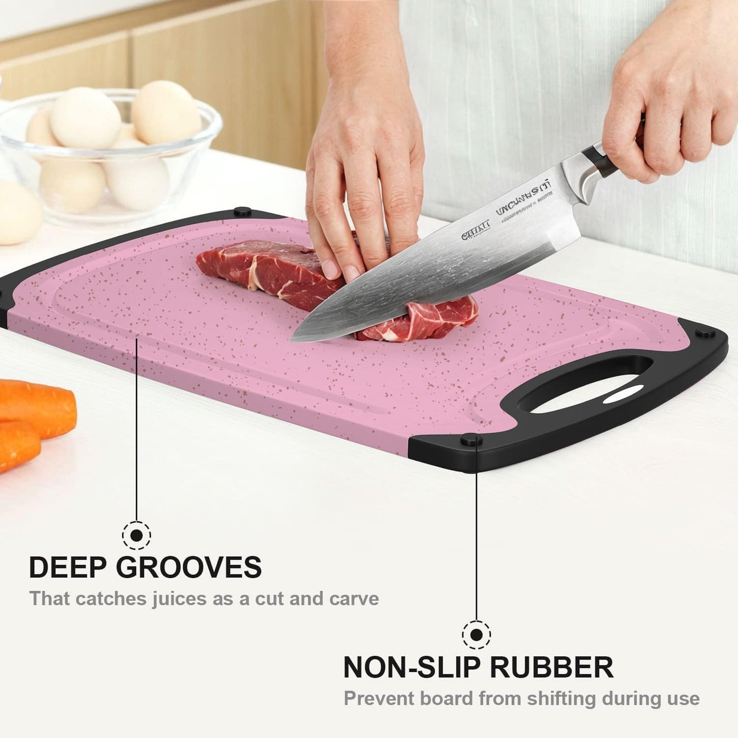 3-Piece Plastic Cutting Board Set, Cutting Boards for Kitchen with Non Slip Handles and Juice Groove, Ideal Chopping for Meat, Vegetables and Fruits, Pink, Blue, Green