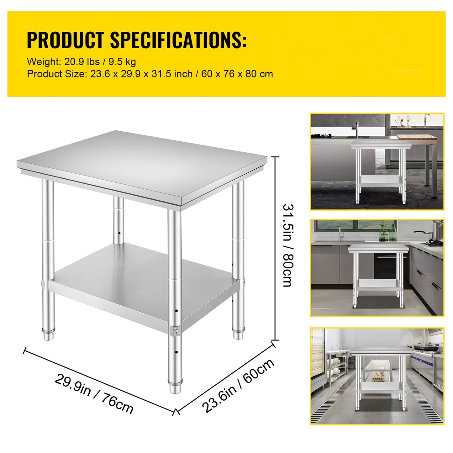 35 x 24 x 31 Inch Metal Prep Station, Heavy Duty Commercial Food Prep Work Table up to 700 lbs, Robust Stainless Steel Work Table with 3 Height Adjustment Options for Kitchen, Restaurant