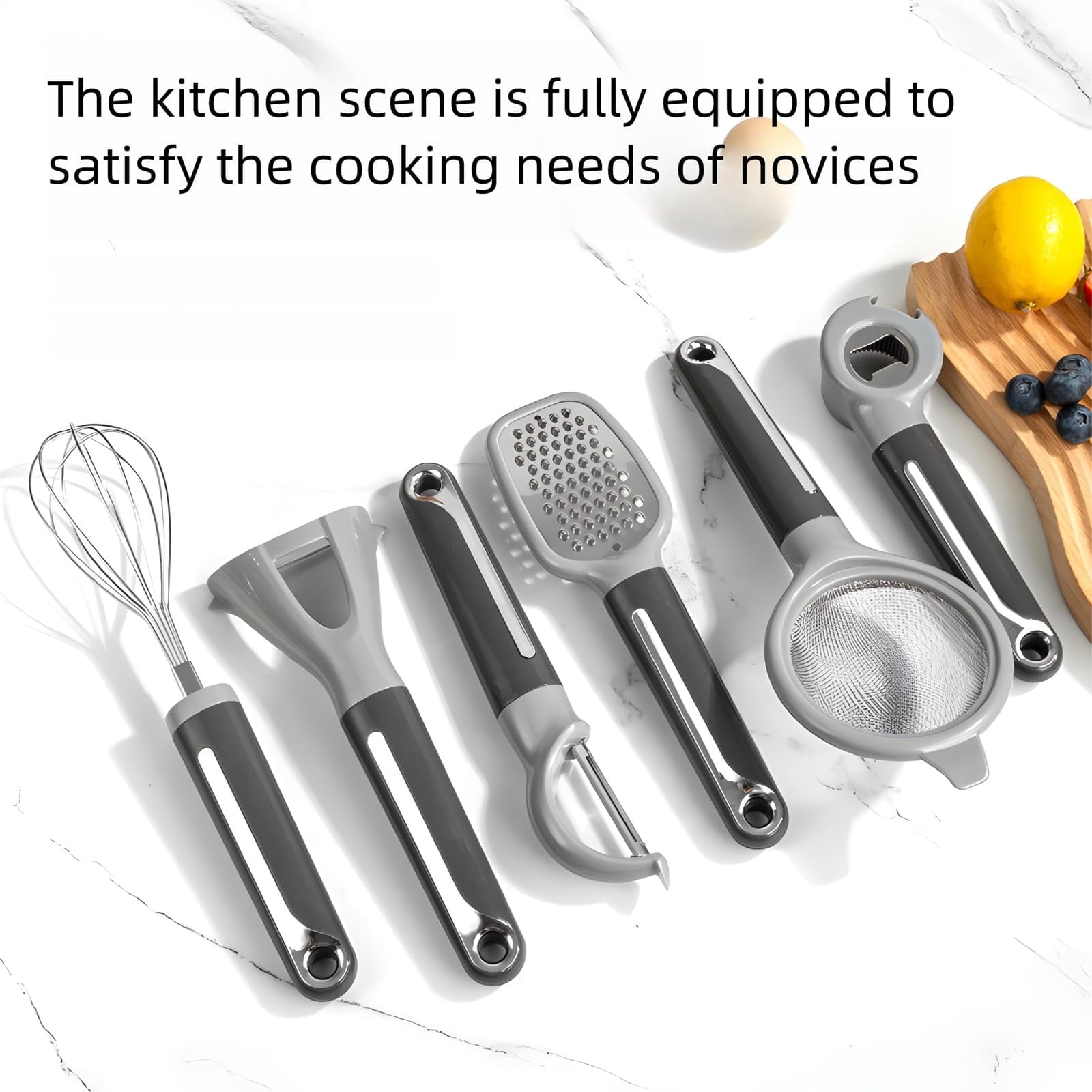 Kitchen Helper Tool Set,Multifunctional Storage Rack,Stainless Steel Grater,Egg Whisk Bottle Opener,Strainer Peeler Set,Wooden Hook Rack,Easy Clean Utensils,7 Piece Cookware Set,Desert Theme Rack