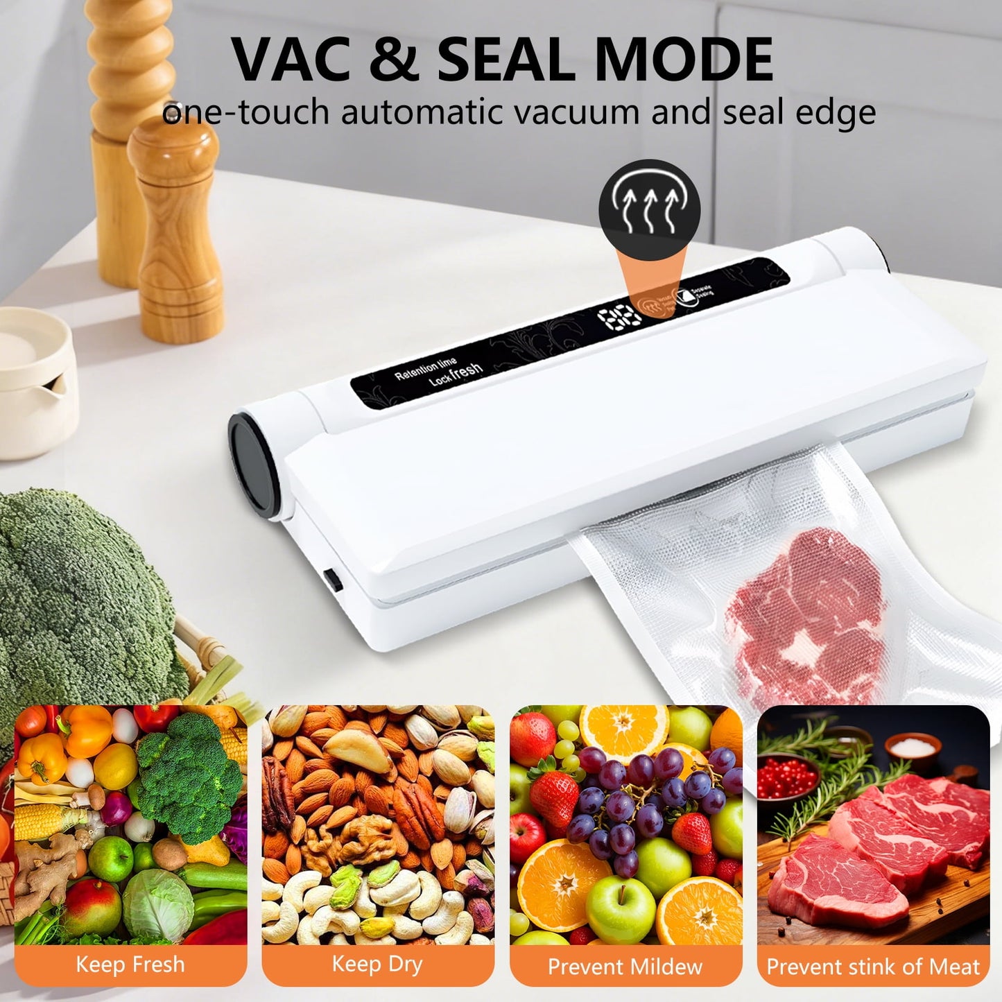 Vacuum Sealer, 62Kpa Food Sealer Machine with Dry/Wet Modes and 20 Sealer Bags for Kitchen Storage &amp; Meal Prep, Digital Countdown Timer, Compact Design