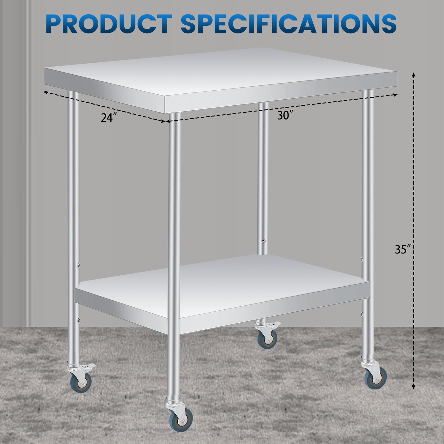 2 Tier Rolling Stainless Steel Table 24x24 Inch Small Prep Table with Adjustable Storage Shelf, 4 Wheels, Glooves &amp; Dishcloth, Rust Resistant &amp; Heavy Duty for Home