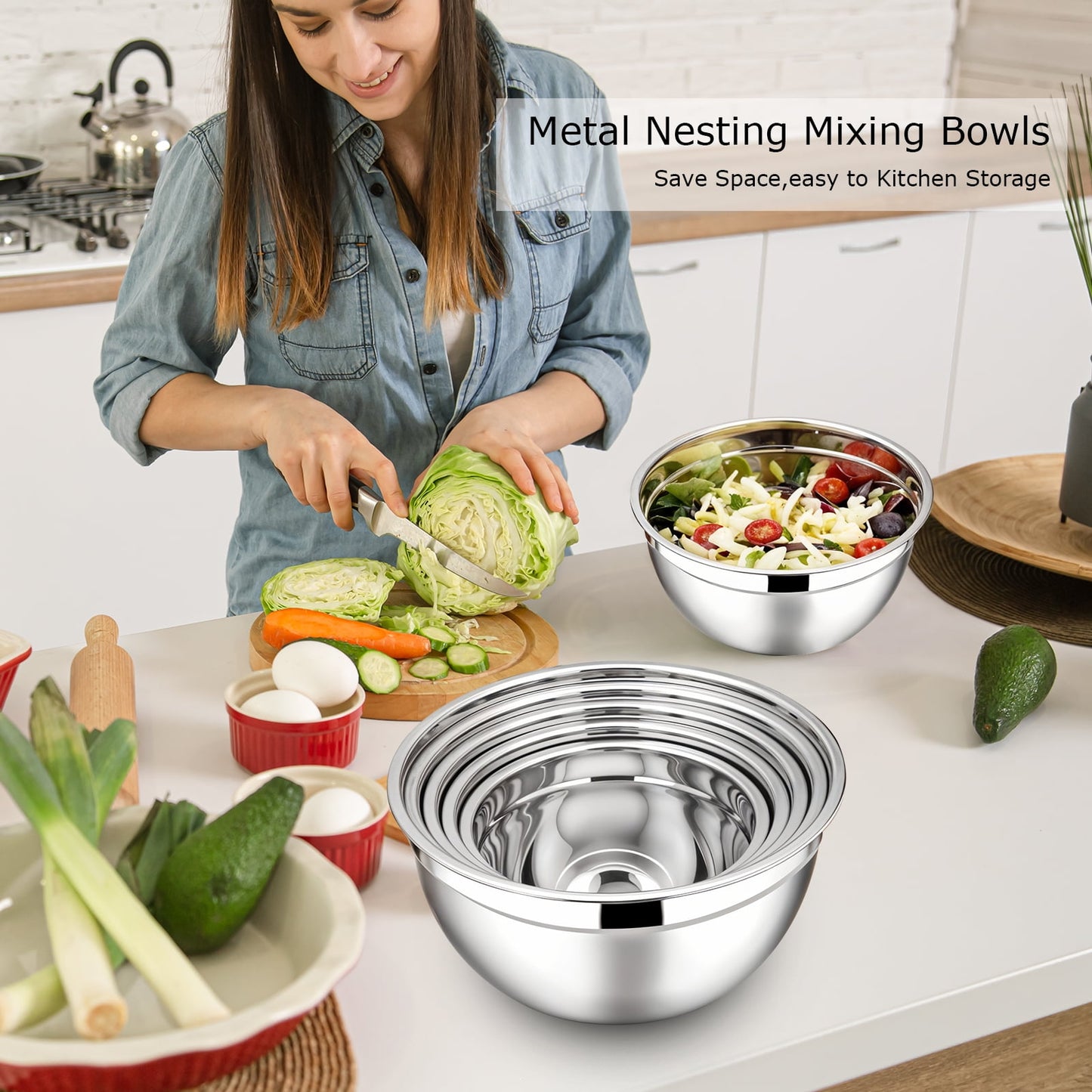 6 Pack Stainless Steel Mixing Bowls Set,Kitchen Metal Meal Prep Bowls with Lids for Baking,Cooking,Serving