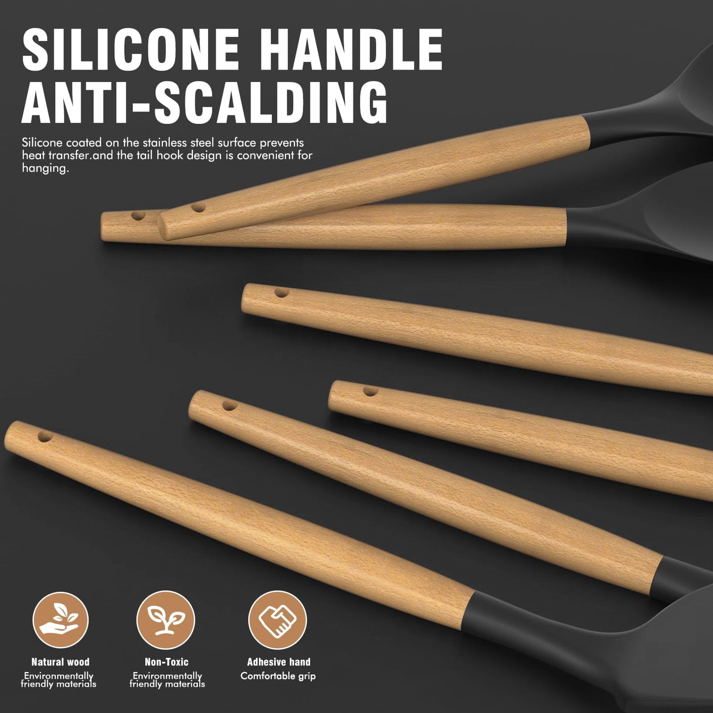 38 Pcs Silicone Cooking Utensils Kitchen Utensil Set - 446°F Heat Resistant,Turner Tongs,Spatula,Spoon,Brush,Whisk. Wooden Handles Kitchen Gadgets Tools Set for Non-Stick Cookware (BPA Free).