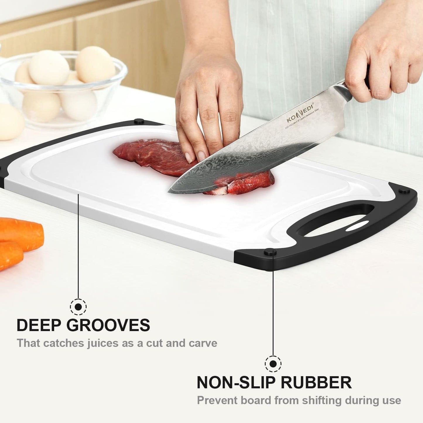 3-Piece Plastic Cutting Board Set, Cutting Boards for Kitchen with Non Slip Handles and Juice Groove, Ideal Chopping for Meat, Vegetables and Fruits, Pink, Blue, Green