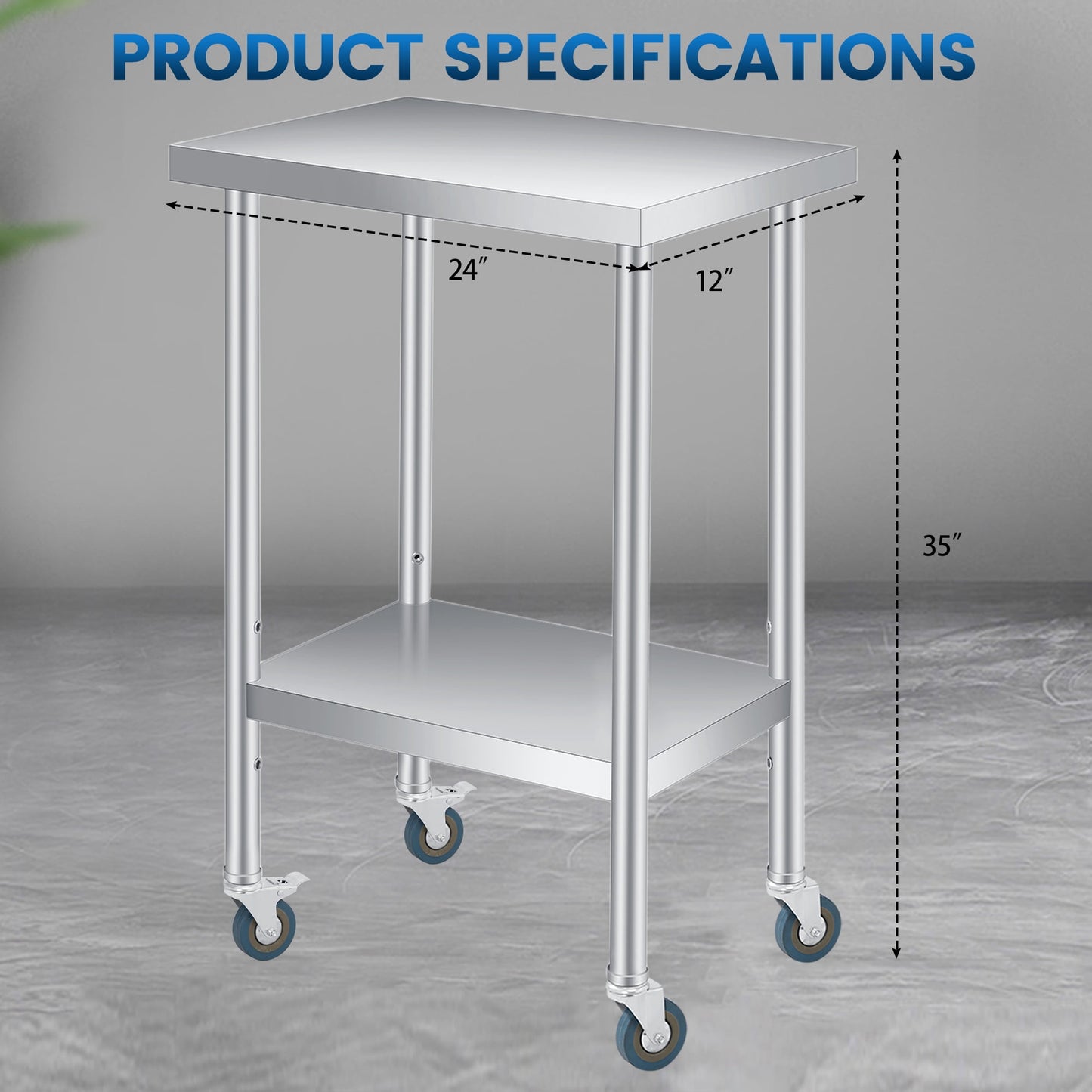 2 Tier Rolling Stainless Steel Table 24x24 Inch Small Prep Table with Adjustable Storage Shelf, 4 Wheels, Glooves &amp; Dishcloth, Rust Resistant &amp; Heavy Duty for Home