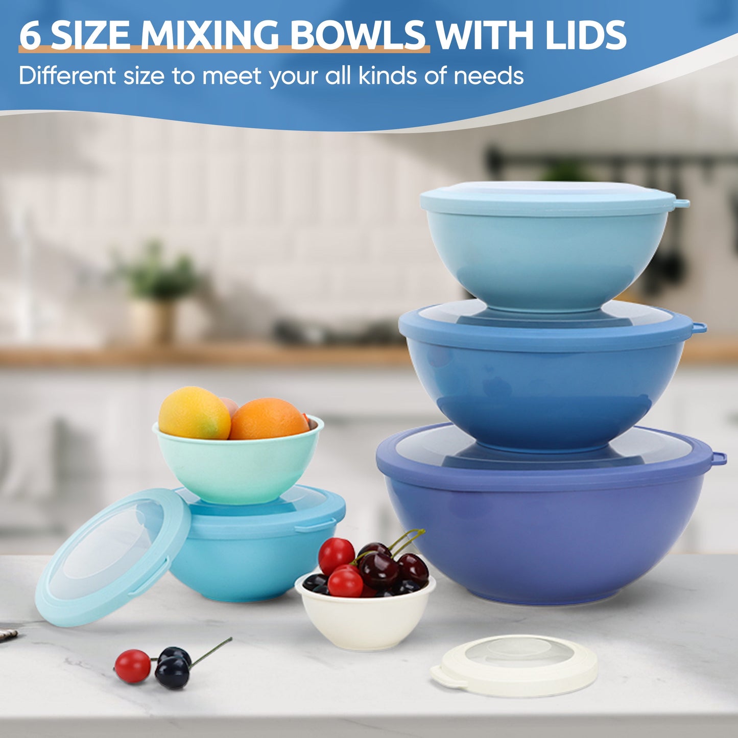 Mixing Bowls with Airtight Lids Set of 6, Plastic Nesting Bowls Prep Bowls for Mixing, Serving, Kitchen Preparing, Storage, Microwave &amp; Freezer Safe